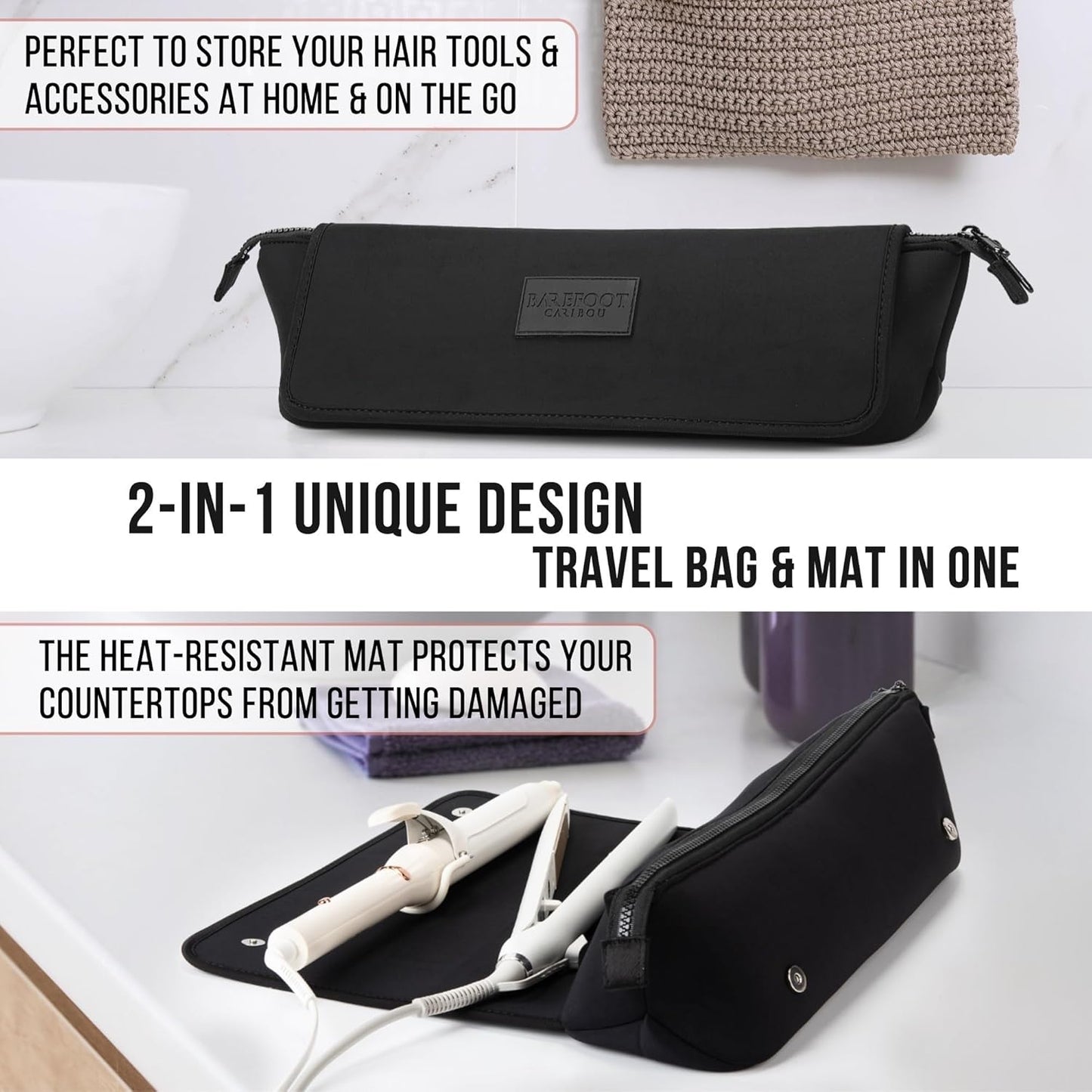 BAREFOOT CARIBOU Travel Hair Tools Bag & Heat Resistant Mat - 2-in-1 Organizer for Flat Irons & Curling Irons (Black)