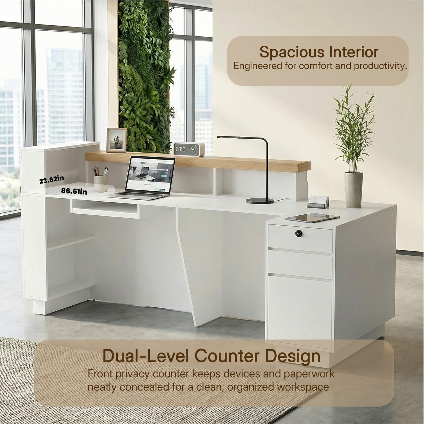ZIMASYA 63" L-Shaped Reception Desk with Counter, Modern Commercial Front Desk with Power Outlets, Combination Lock Drawers, LED Lights for Office, Beauty Salon, Retail Store, White