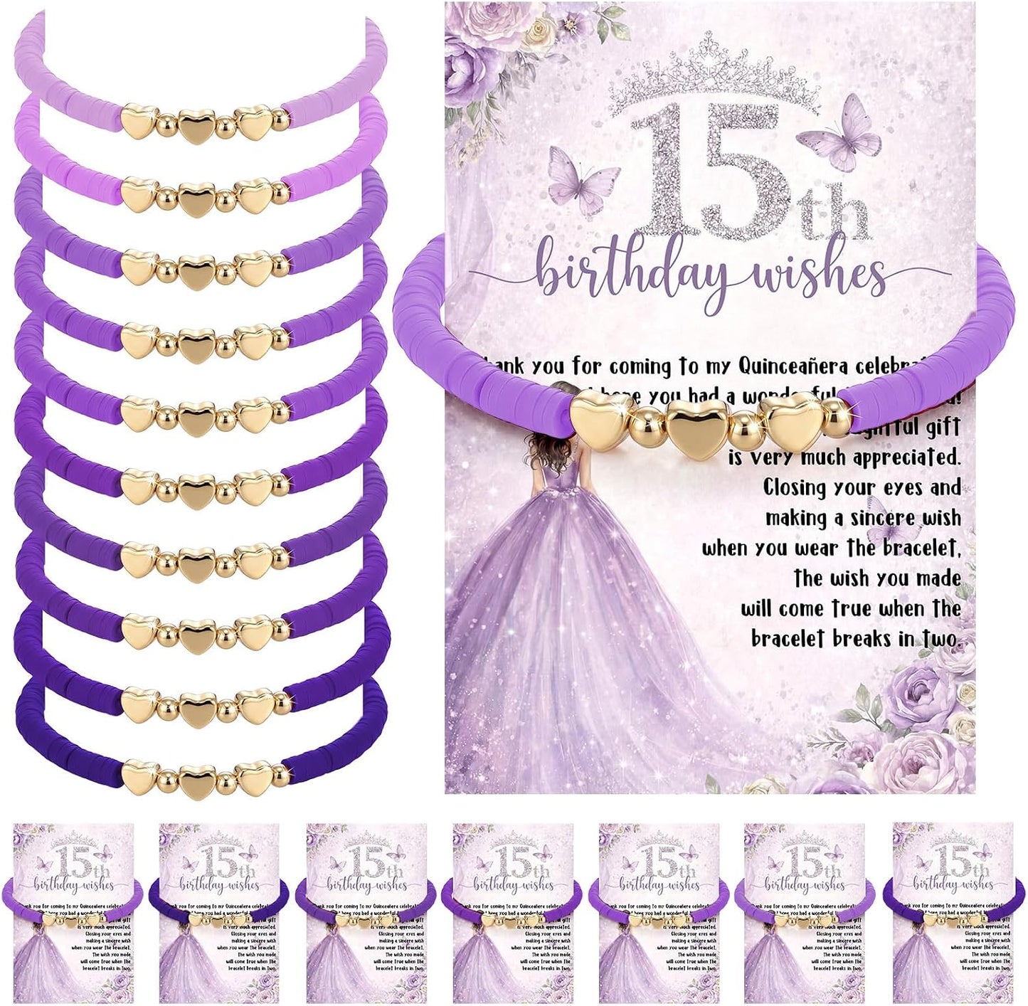 Quinceañera Party Favors - 25 Heart Beaded Bracelets with Thank You Cards | Perfect Birthday Gifts for Guests