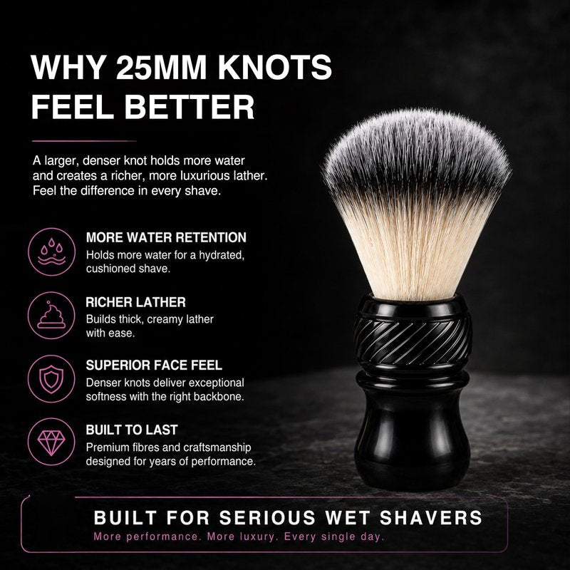 Pink Woolf Synthetic Shaving Brush for Men – 24mm Tuxedo Knot, Quick-Dry Soft Bristles, Compact Travel Shave Brush for Rich Lather with Soap or Cream – Black Handle