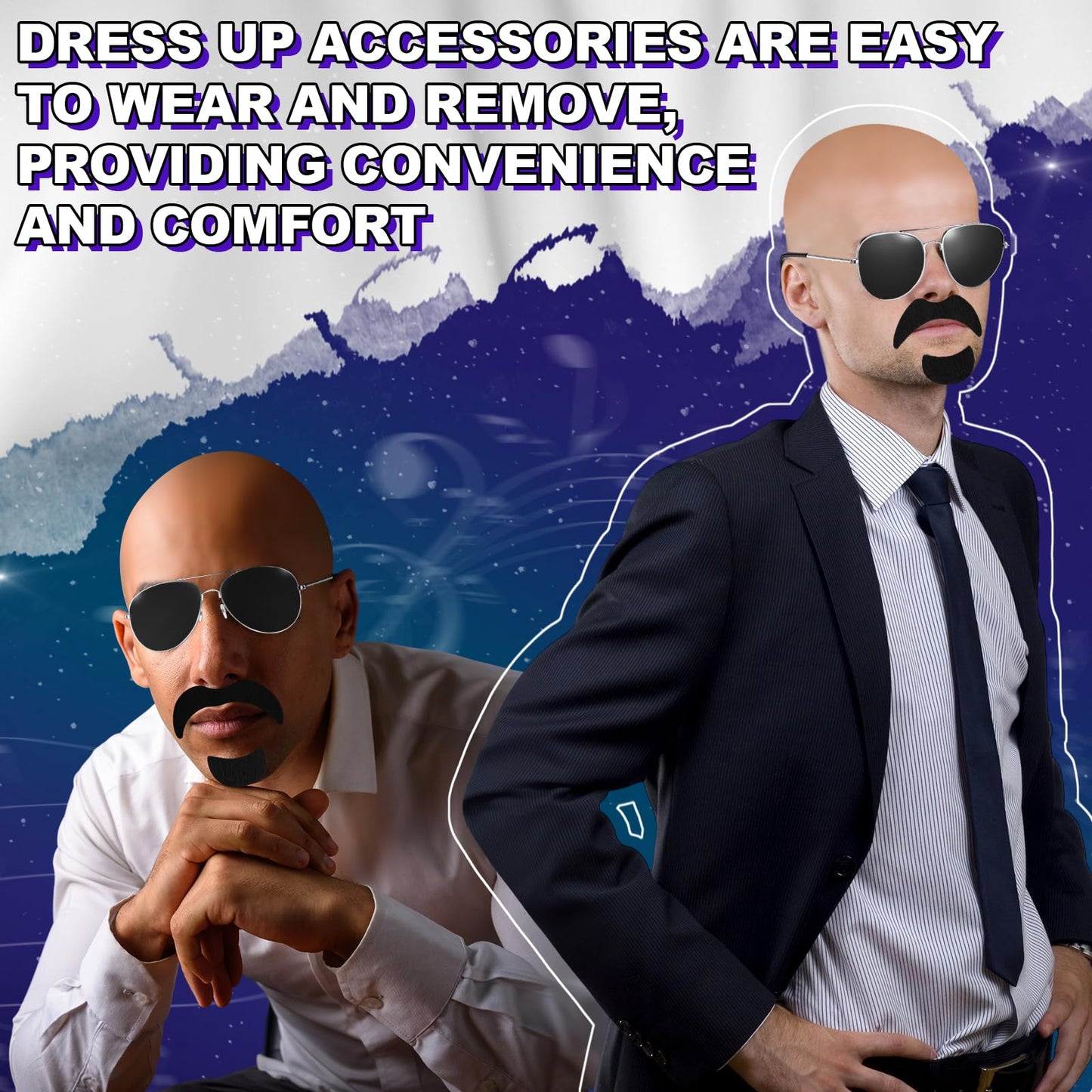 Mepase Bald Caps with Glasses and Mustache Bald Head Wig Cap Party Costume Accessories for Women Men Halloween Cosplay(7 Pcs,Smooth)