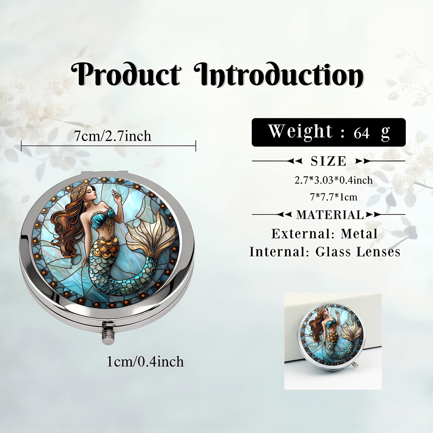 Silver Compact Mirror, 2.8x2.8inch Double-Sided Folding Makeup Mirror with Golden Tail Mermaid Design, Ideal Gift for Women