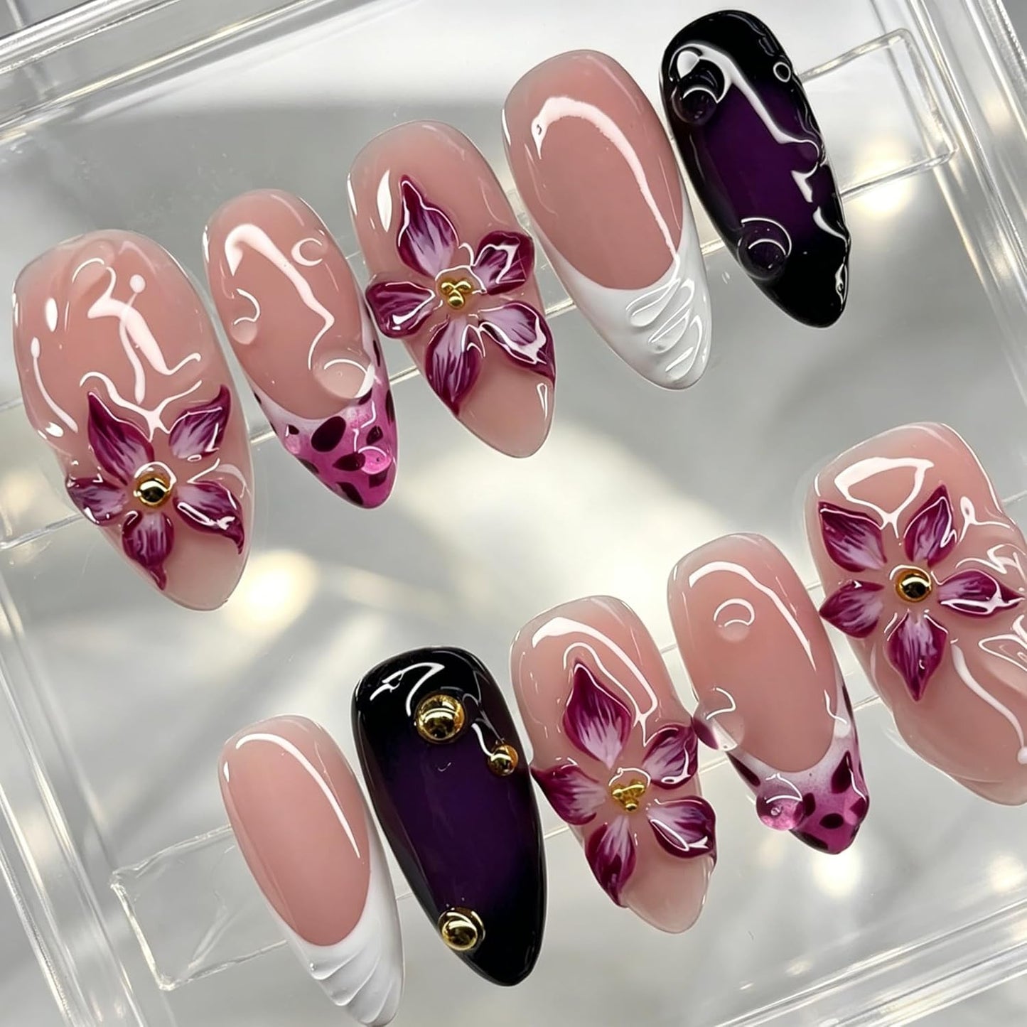 Almond Press-On Nails Set - 30Pcs 3D Pink Flower & Gold Beads | Reusable Floral Design for Beach Vacation