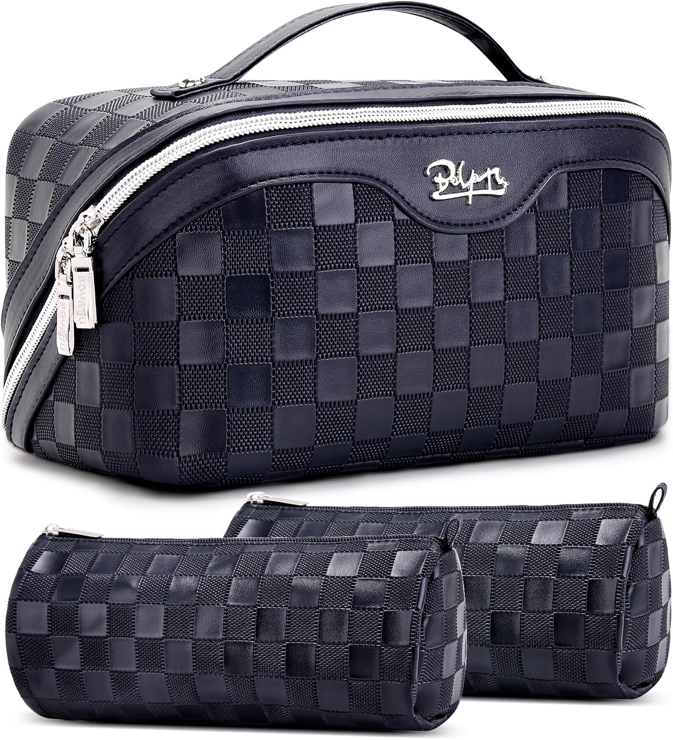 Travel Makeup Bag Organizer Set - 3 Pcs Waterproof Vegan Leather Cosmetic Bags for Women | Black
