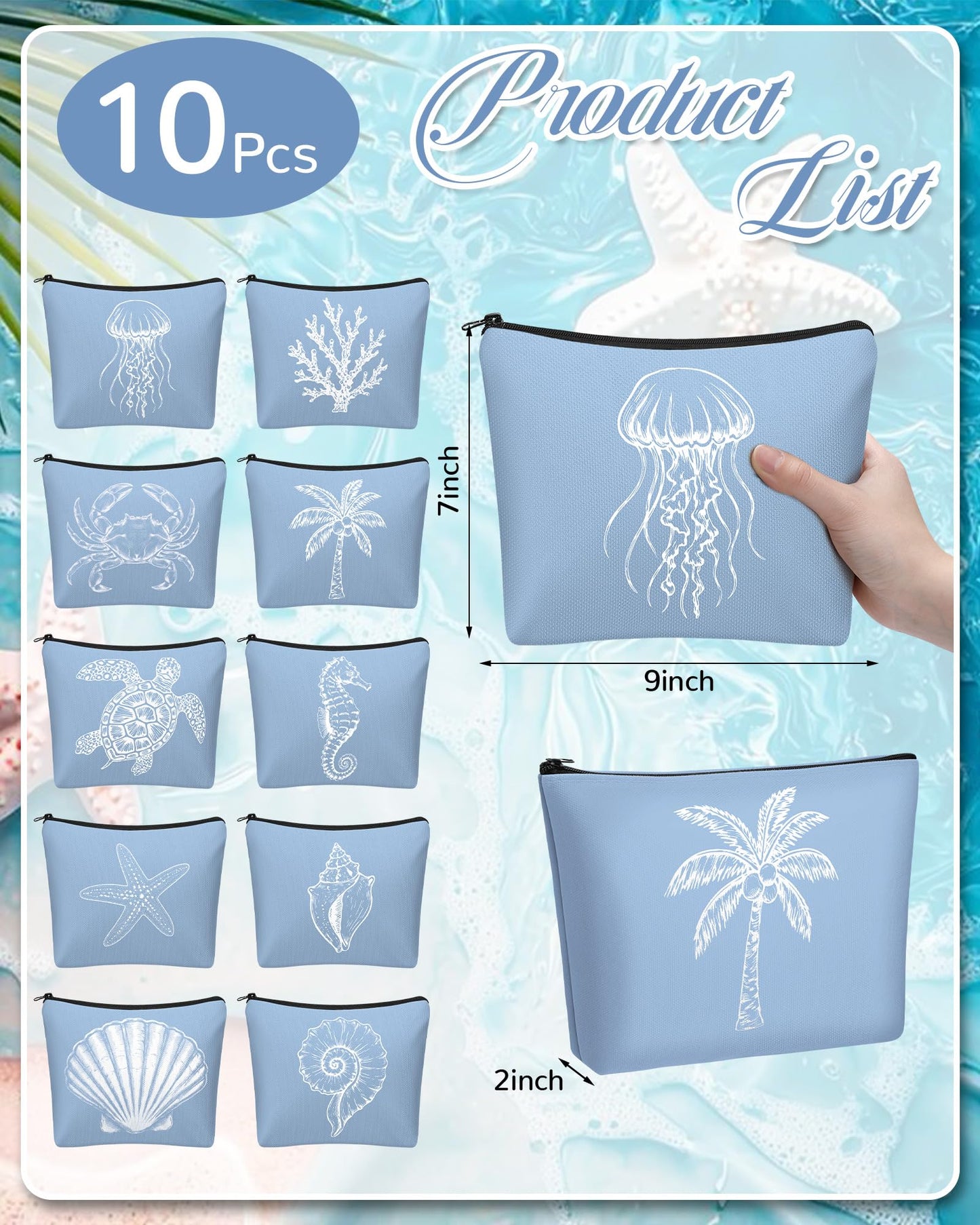 Bulyoou 10 Pcs Ocean Themed Blue Cosmetic Bags Bulk Zipper Pouch Makeup Bag for Women Girls Sea Weekend Travel Vacation Trip Gifts Supplies Nautical Party Favors Beach Accessories