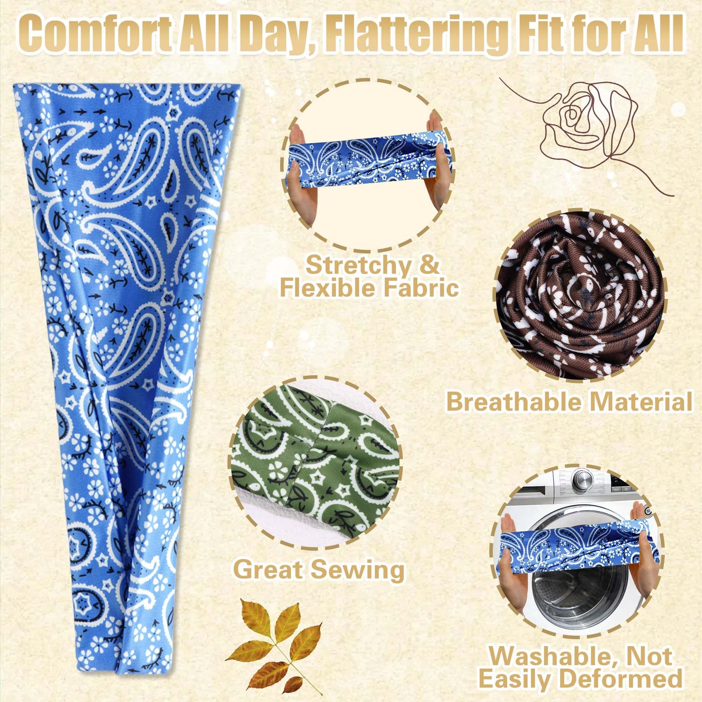 FARSYOD Boho Paisley Headbands For Women Non Slip Elastic Head Wraps 6Pcs