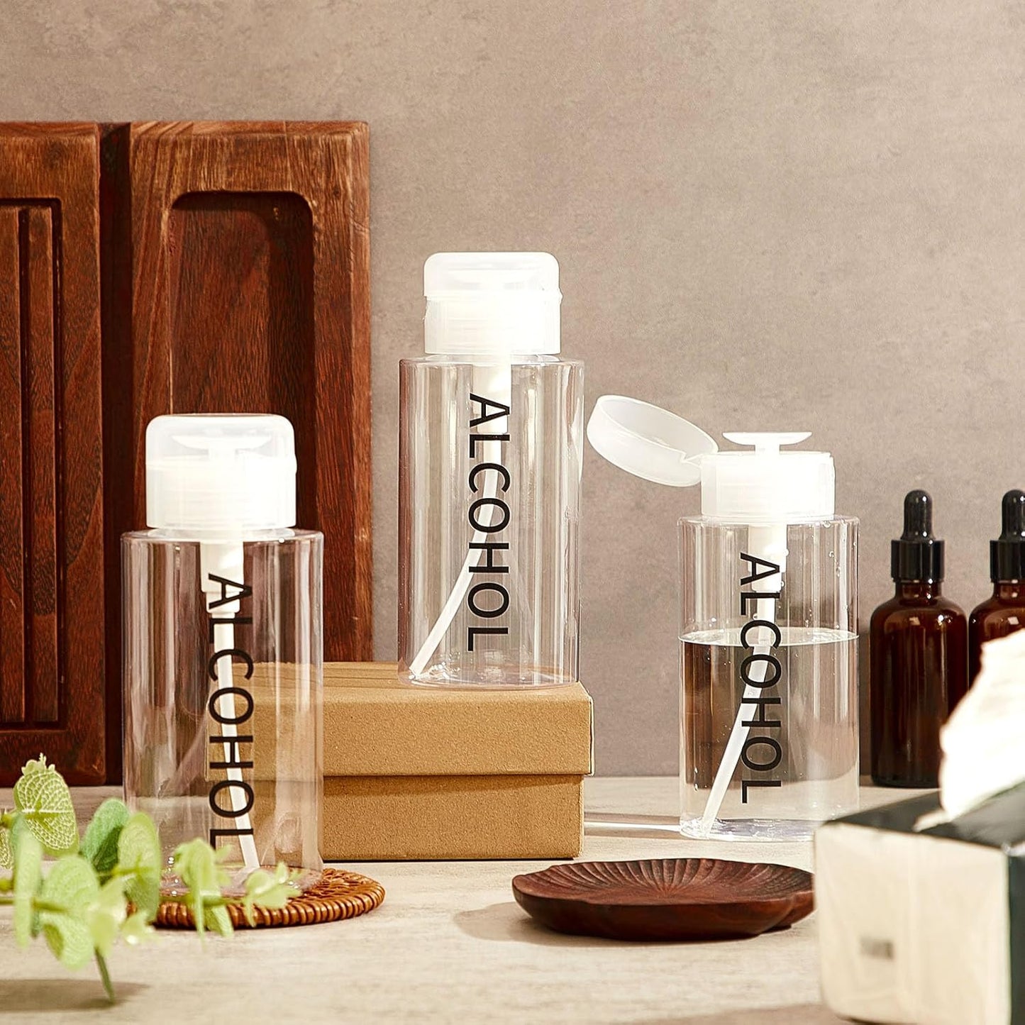 Layhit Alcohol Pump Dispenser Bottles - 10 oz Refillable Liquid Containers for Personal & Salon Use | Clear Cap & Bottle