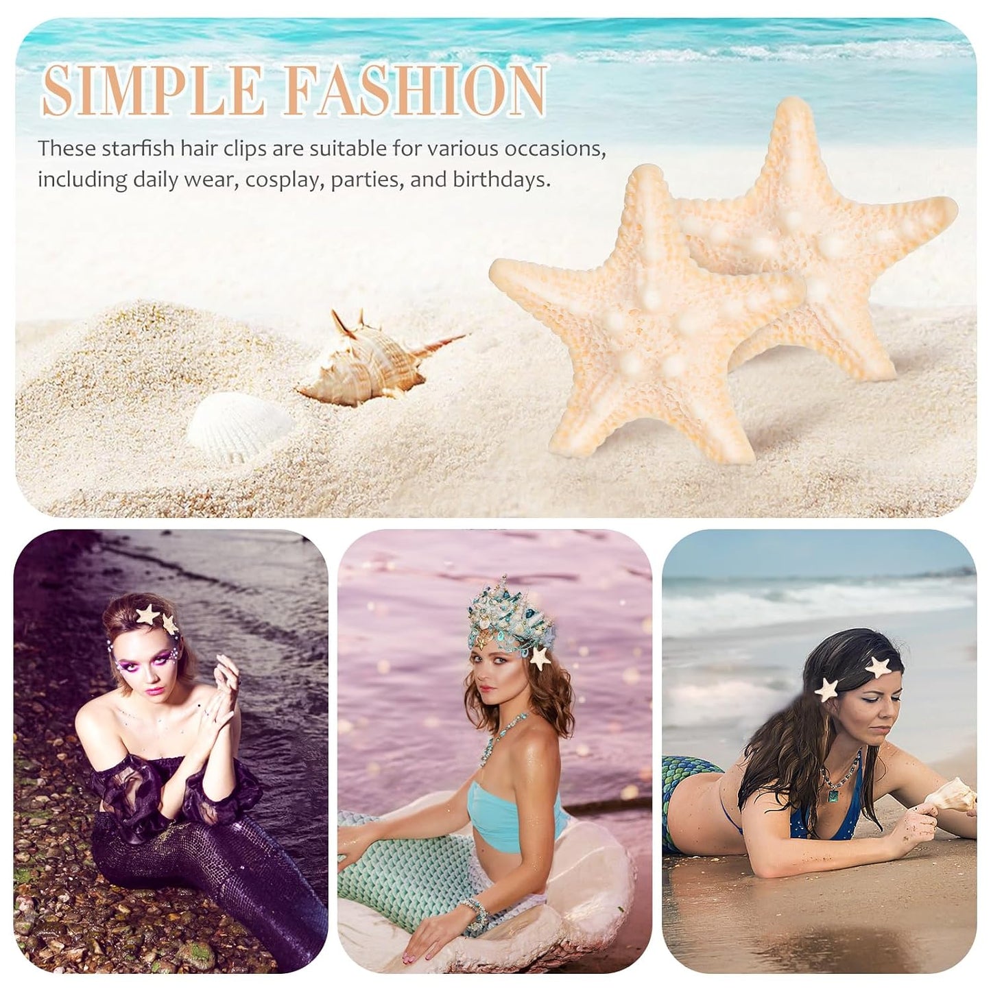 Starfish Hair Clips - 10 Pcs Realistic Resin Mermaid Barrettes | Nonslip Beige Shells for Beach Theme Parties & Cosplay