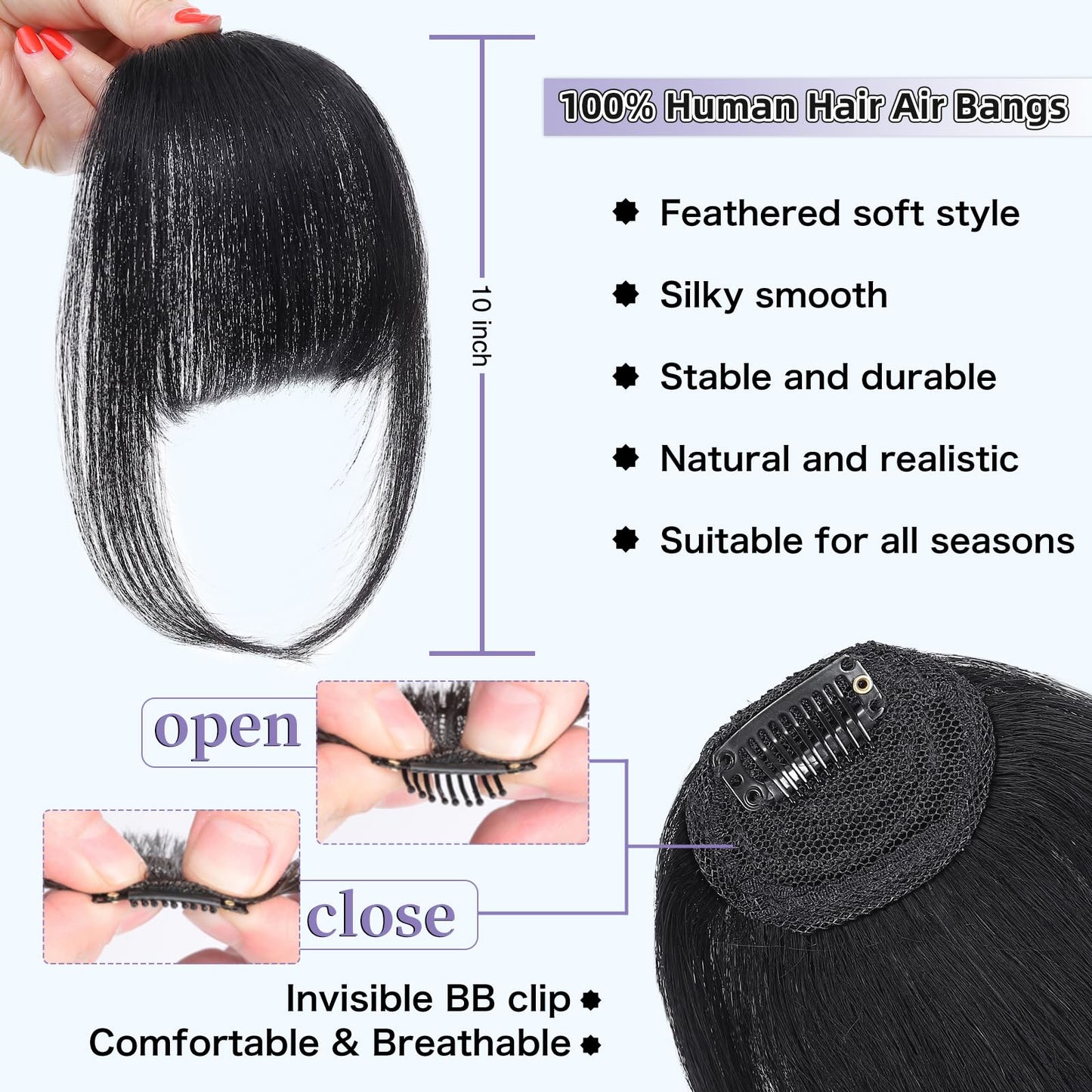Niceone Hair Wispy Bangs Hair Clip, 100% Human Hair Clip In Natural Black Bangs for Women, Soft Layered Fake Bangs with Feathered Fringe, Easy Clip-On Design for Daily Wear & Halloween