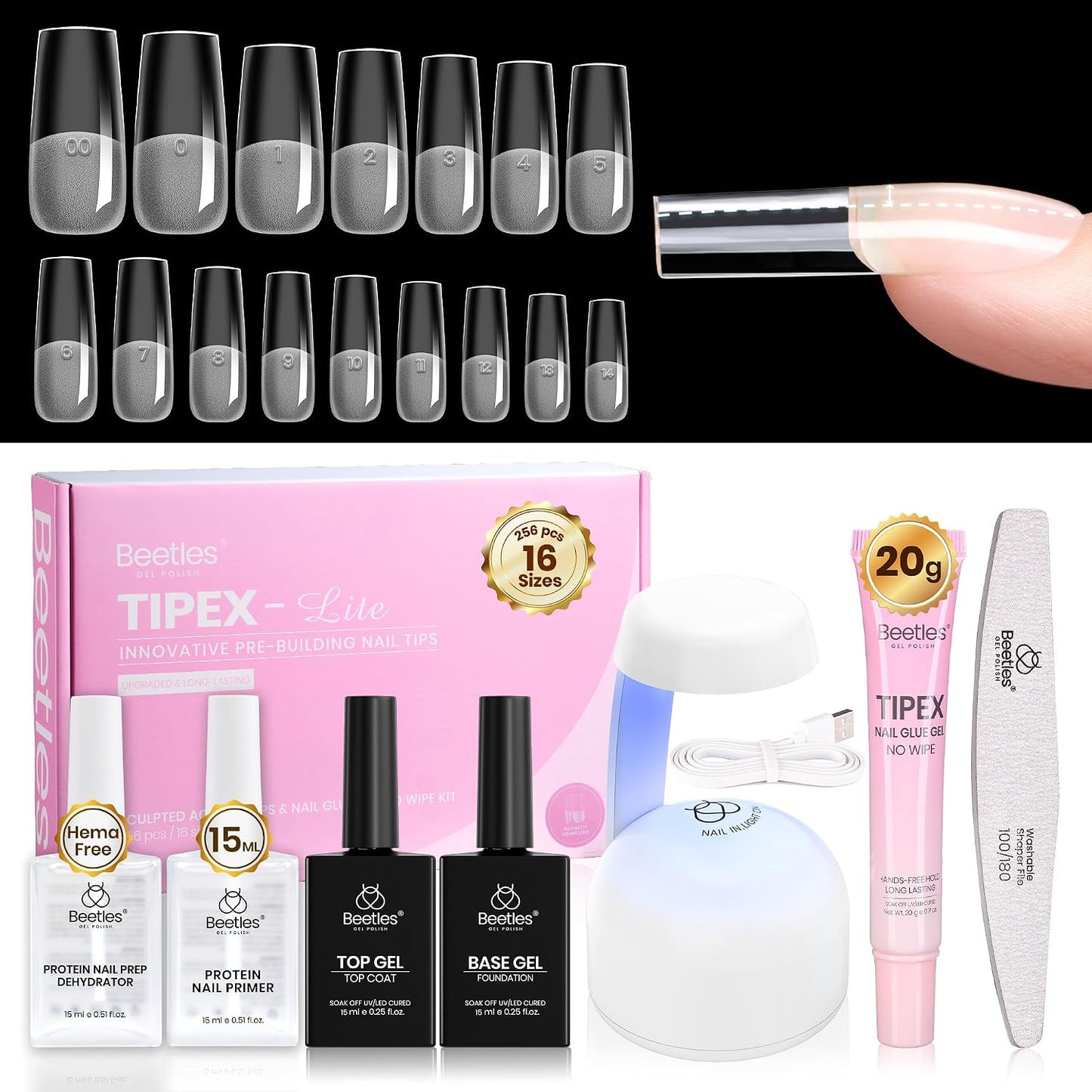 Beetles Tipex Lite Kit - All-in-One DIY Nail Art Set with Mini UV Lamp, 256PCS, Short Almond, 16 Sizes
