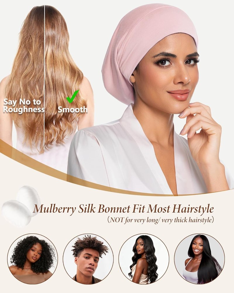 Mulberry Silk Bonnet for Sleeping | Real Silk Lined Cap for Curly Hair - Black