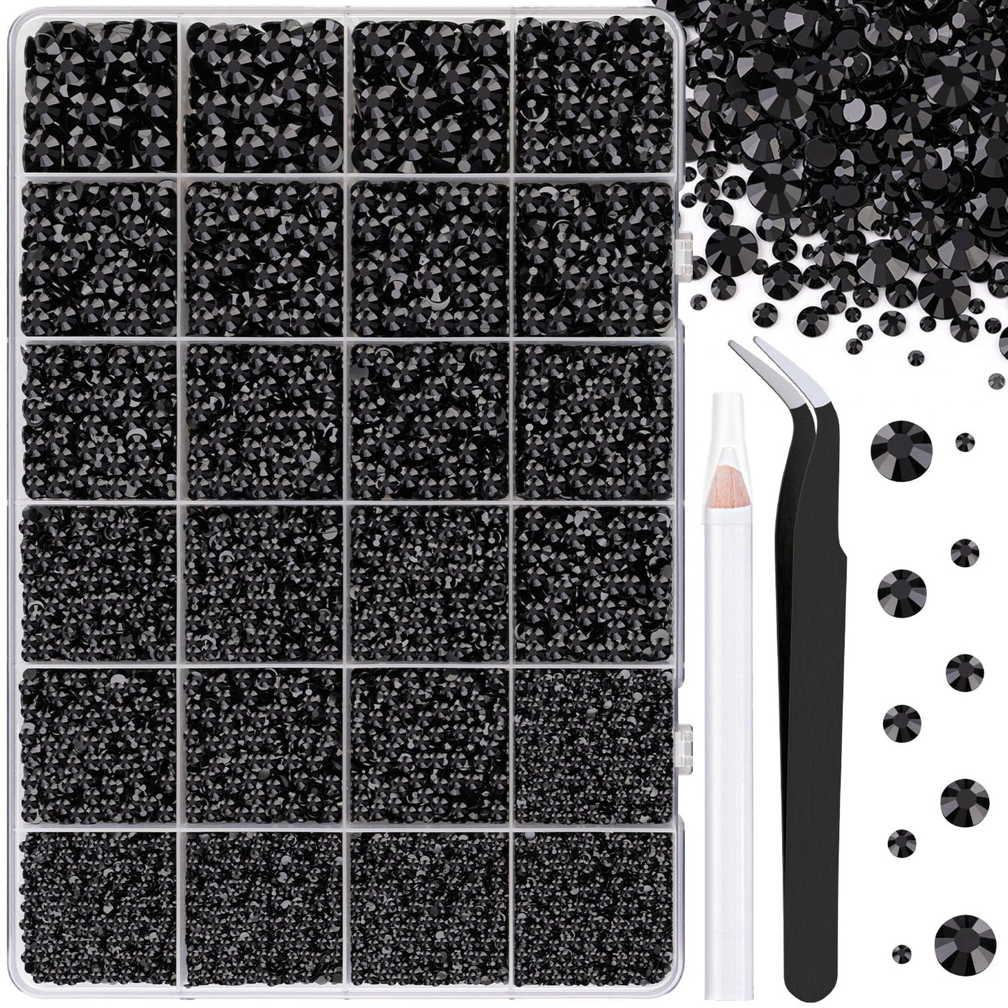 32000 Pcs Black Rhinestones - Flatback Resin Gems for Bedazzling | Jewelry Glue & Tweezers Included