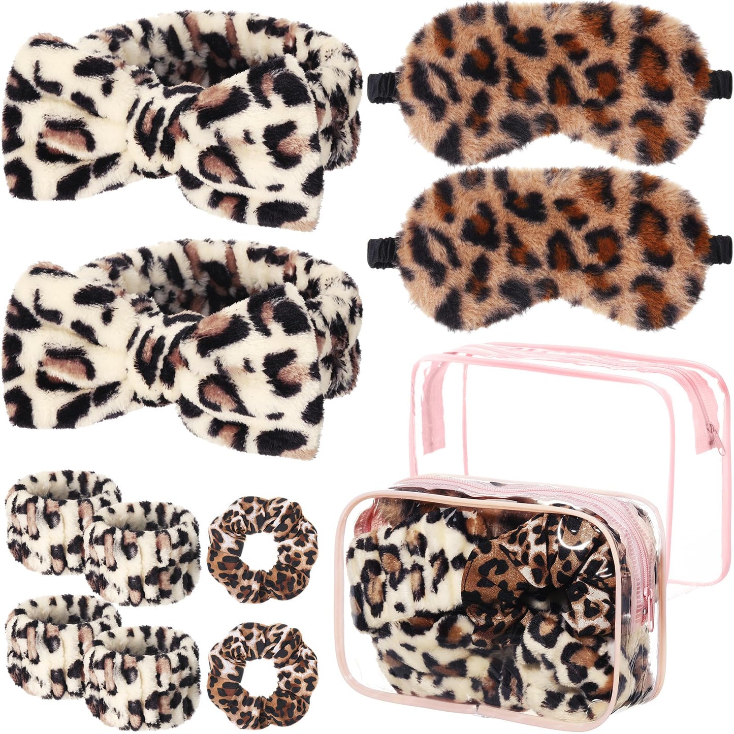 Hoteam 10 Pcs Slumber Party Supplies for Women Spa Sleepover Party Favor Spa Headband Wristband Sleep Eye Mask Velvet Scrunchies for Skin Care Makeup Slumber Night Favor(Leopard Print)
