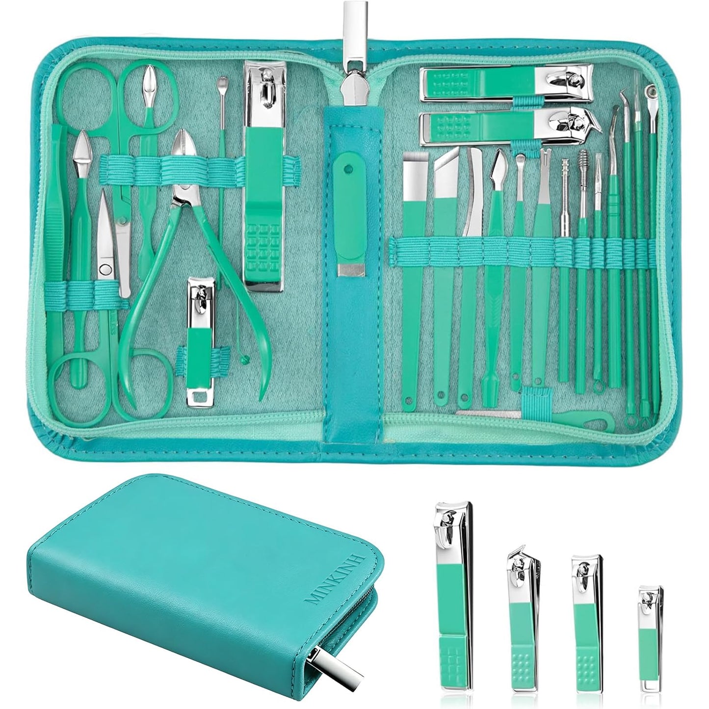 MINKINH Travel Manicure Set 26-Piece, Portable Nail Clippers Kit with PU Case, Carbon Steel Clippers, 410 Stainless Steel Grooming Tools, Hand Foot Facial Care for Luggage Backpack（Green）