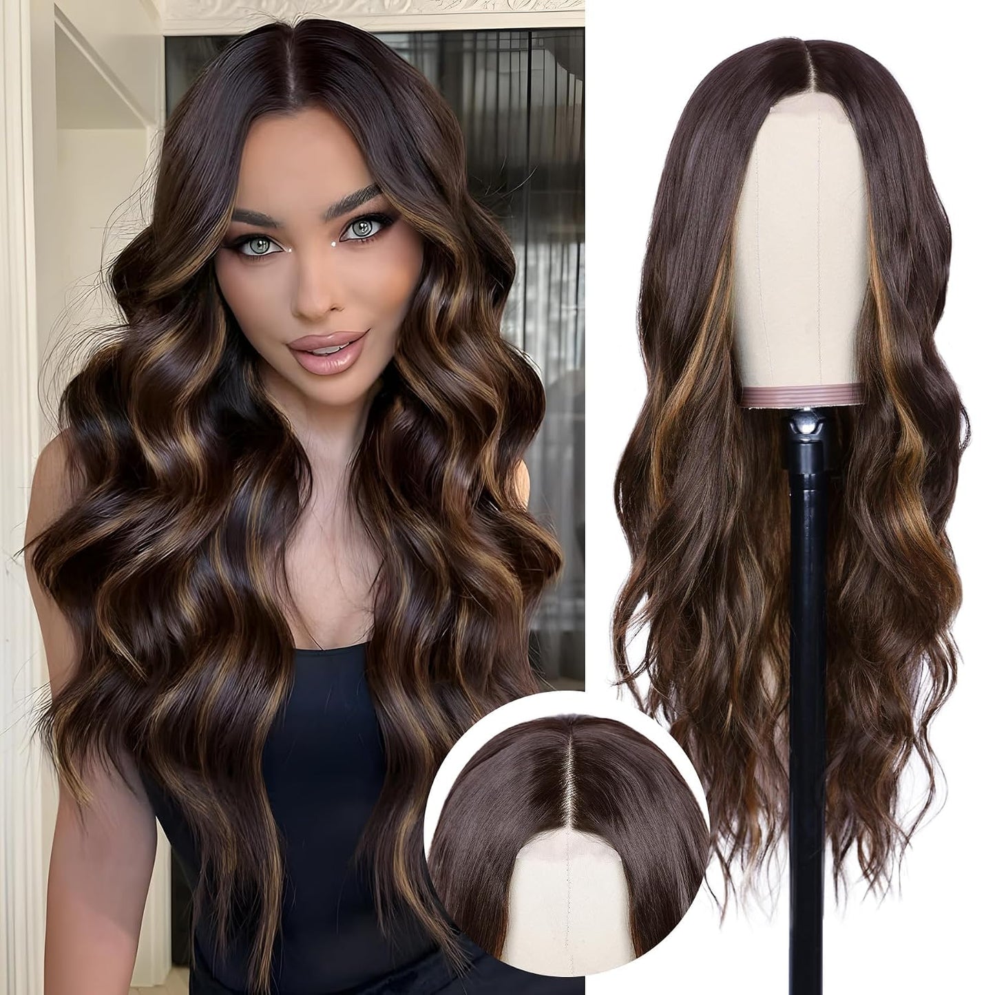 NAYOO Brown Wigs for Women - Long Curly Wavy Hair | Heat Resistant Synthetic Fiber, 24 Inches