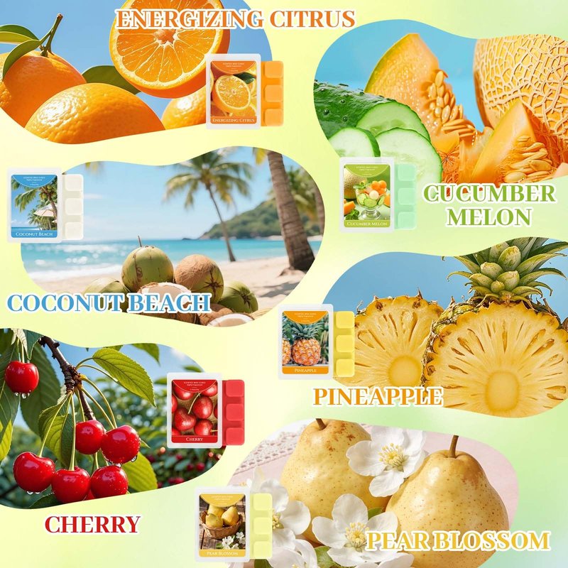 STRN Wax Melts, Soy Wax Cubes 6 Scents Cucumber Melon, Coconut Beach, Pear Blossom, Energizing Citrus, Spring and Summer Scented Long-Lasting Home Fragrance for Wax Warmers, Yoga, 1.25 OZ * 6 Packs