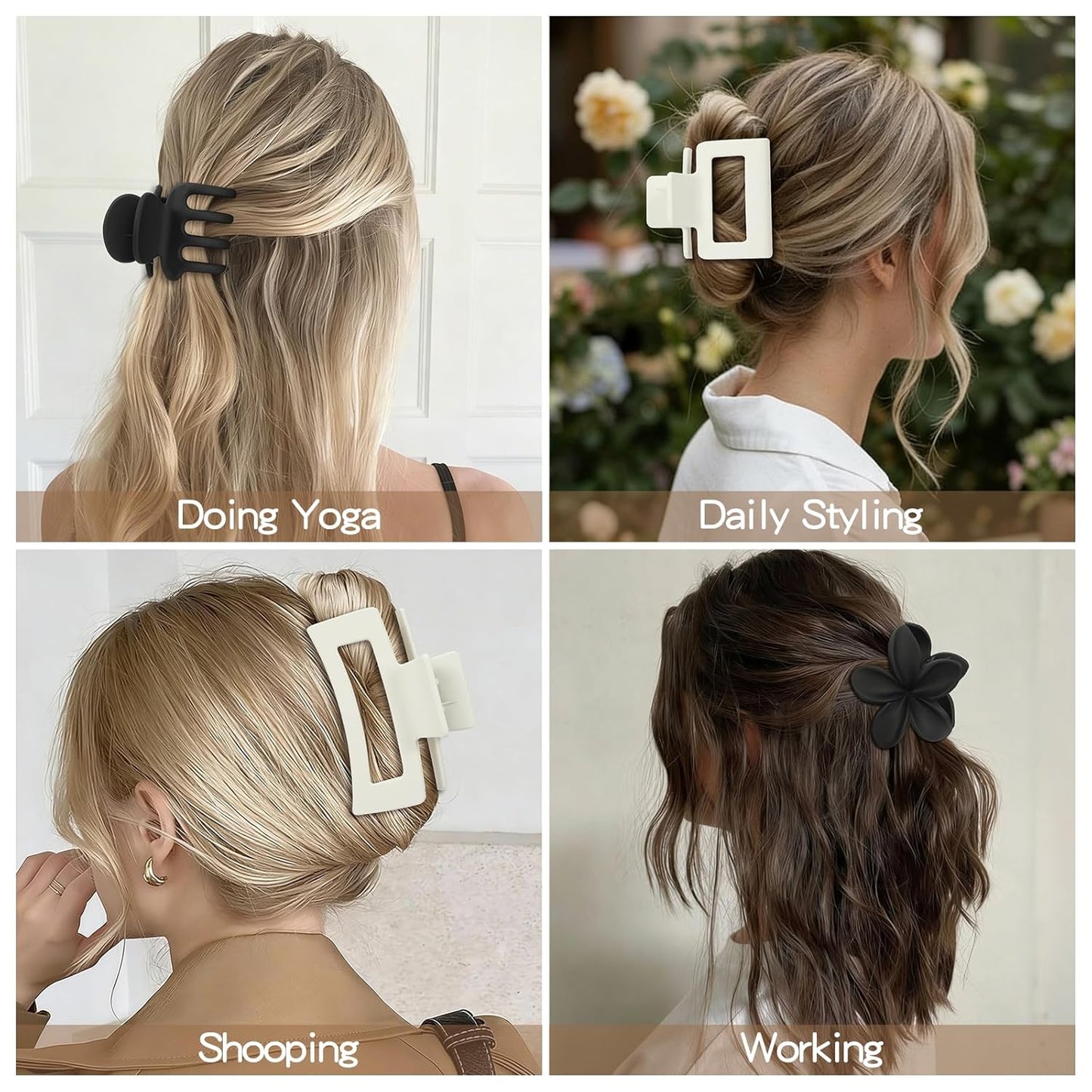 Matte Hair Clips for Women - Strong Hold Non-Slip Claw Clips | 8 Pcs in Neutral Colors (White & Black)