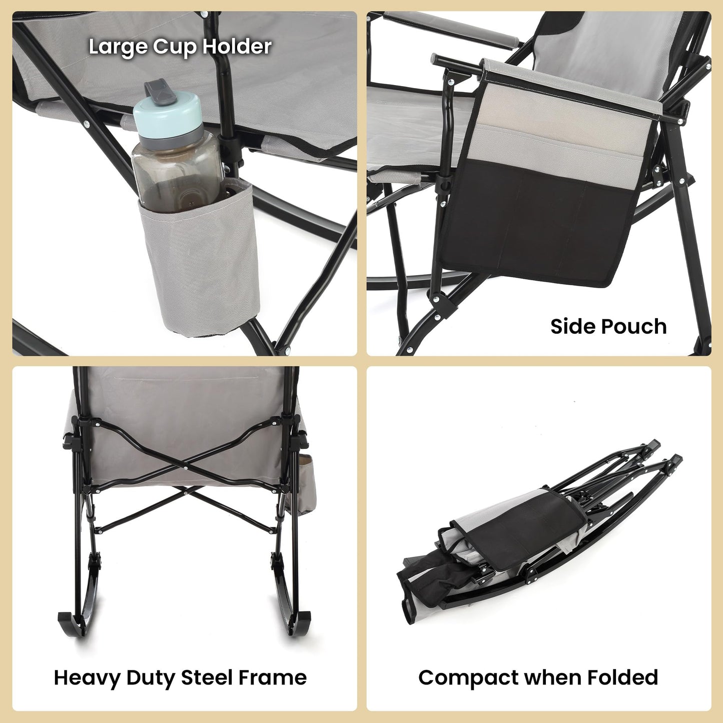ARROWHEAD OUTDOOR Foldable Rocking Camp Chair with Large Cup Holder, Side Pocket, Space-Saving Folding, Enhanced Swinging Rocker for Camping, Fishing, Patio