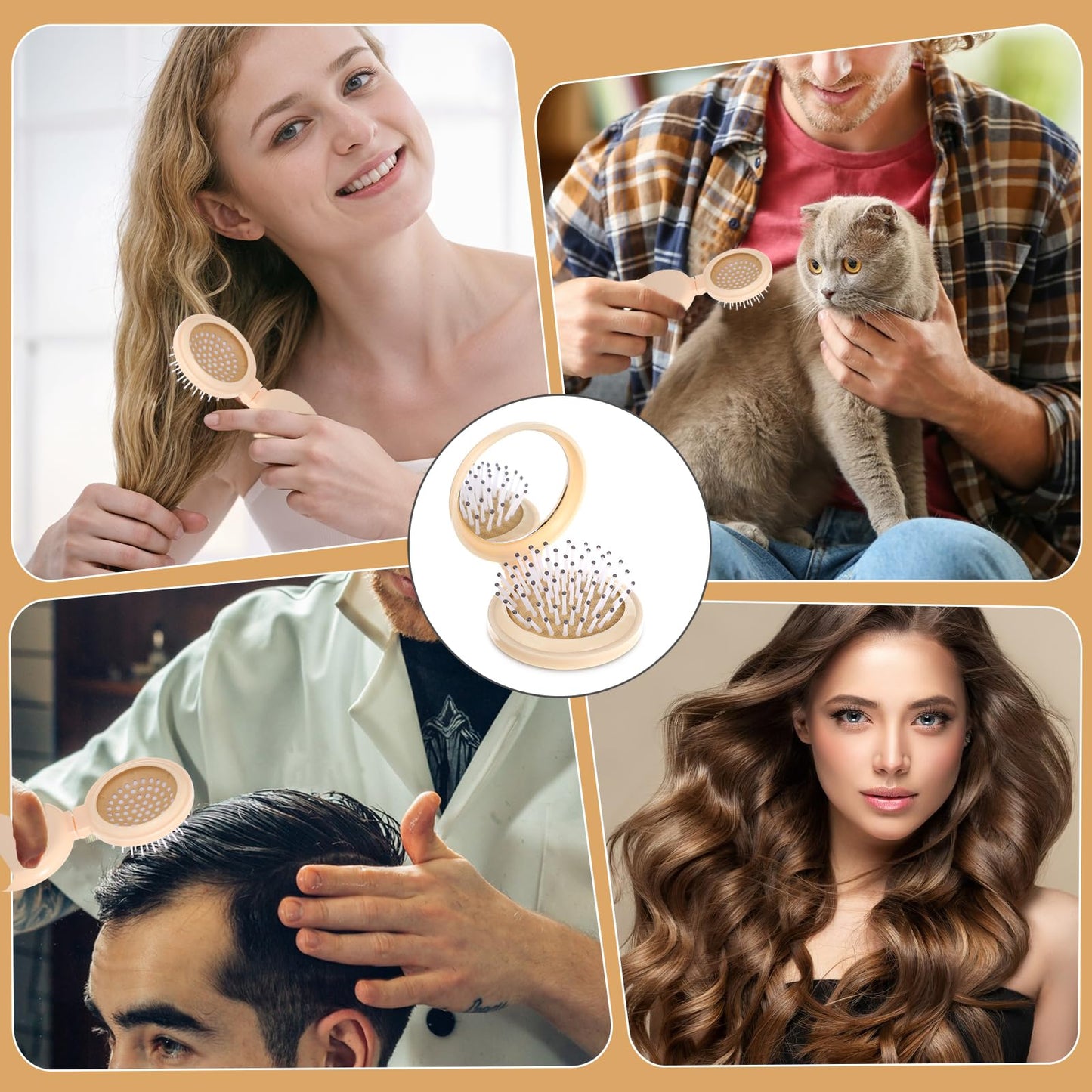 Mini Brush with Mirror Hair Brush with Mirror Travel Hair Brush with Small Mirror Mini Hair Brush and Mirror Combo Round Mini Compact Massage Comb for Purse (Beige)