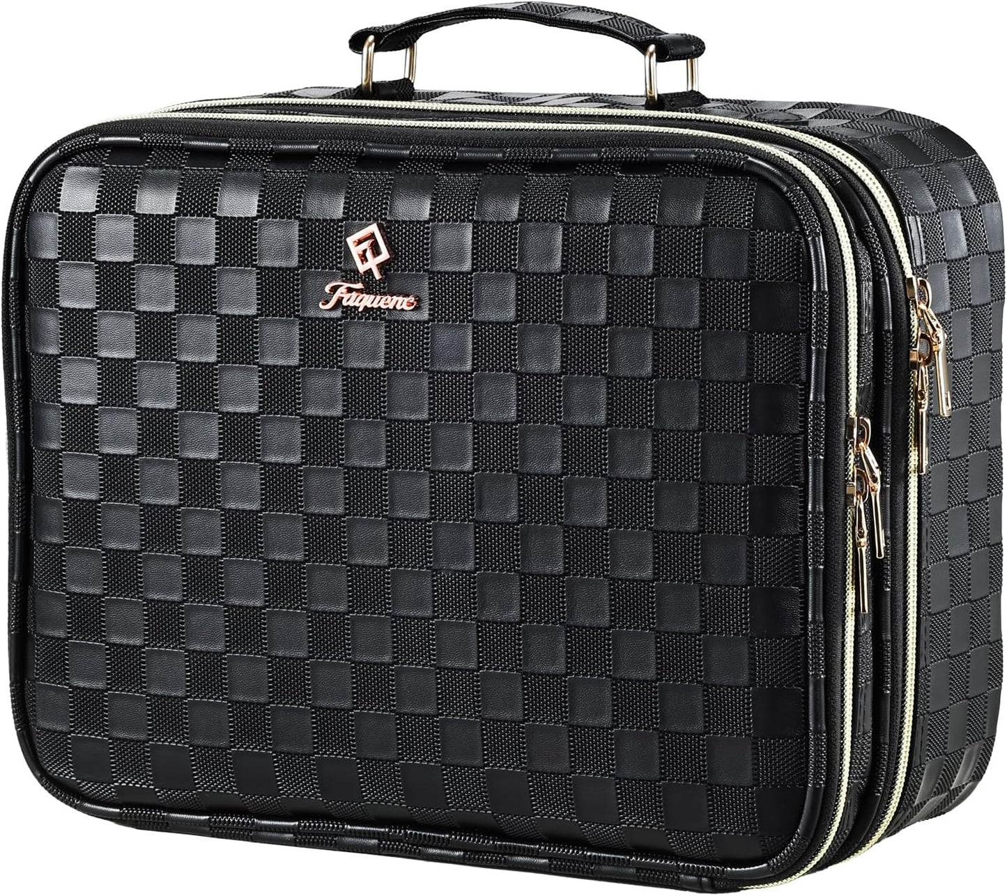 LED Lighted Makeup Bag - Double Layer Cosmetic Train Case with Adjustable Brightness | Black Checkerboard Design