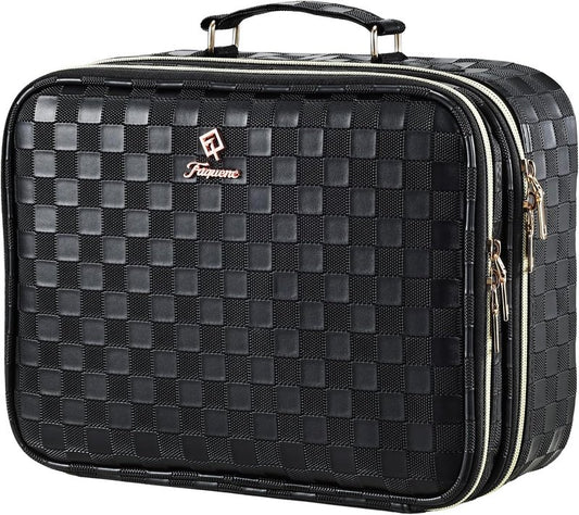 LED Lighted Makeup Bag - Double Layer Cosmetic Train Case with Adjustable Brightness | Black Checkerboard Design