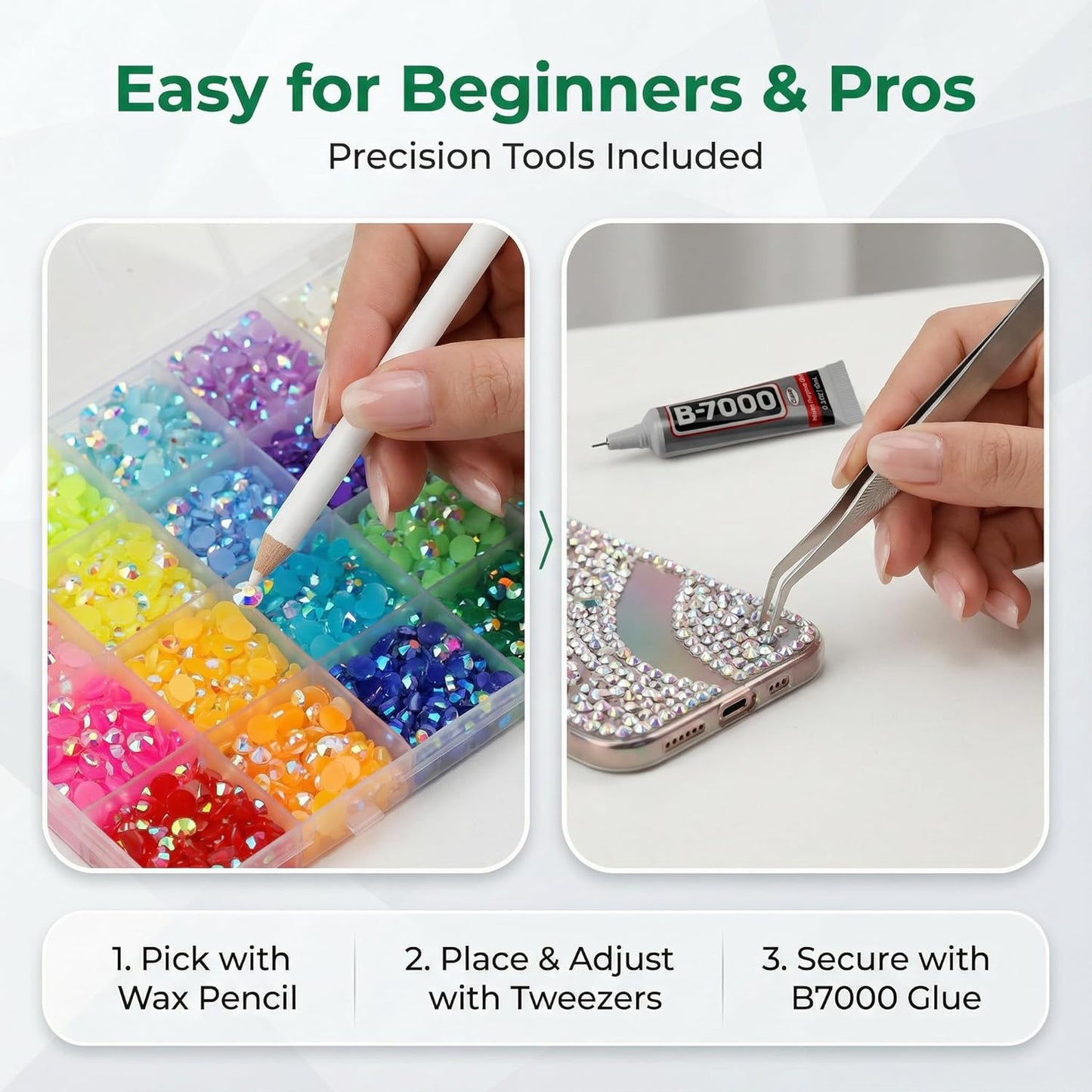 Rhinestones Bedazzling Kit - 33,000 Pcs 3mm Flatback Resin Crystals for Crafts & Clothing | Rainbow Colors with B-7000 Glue