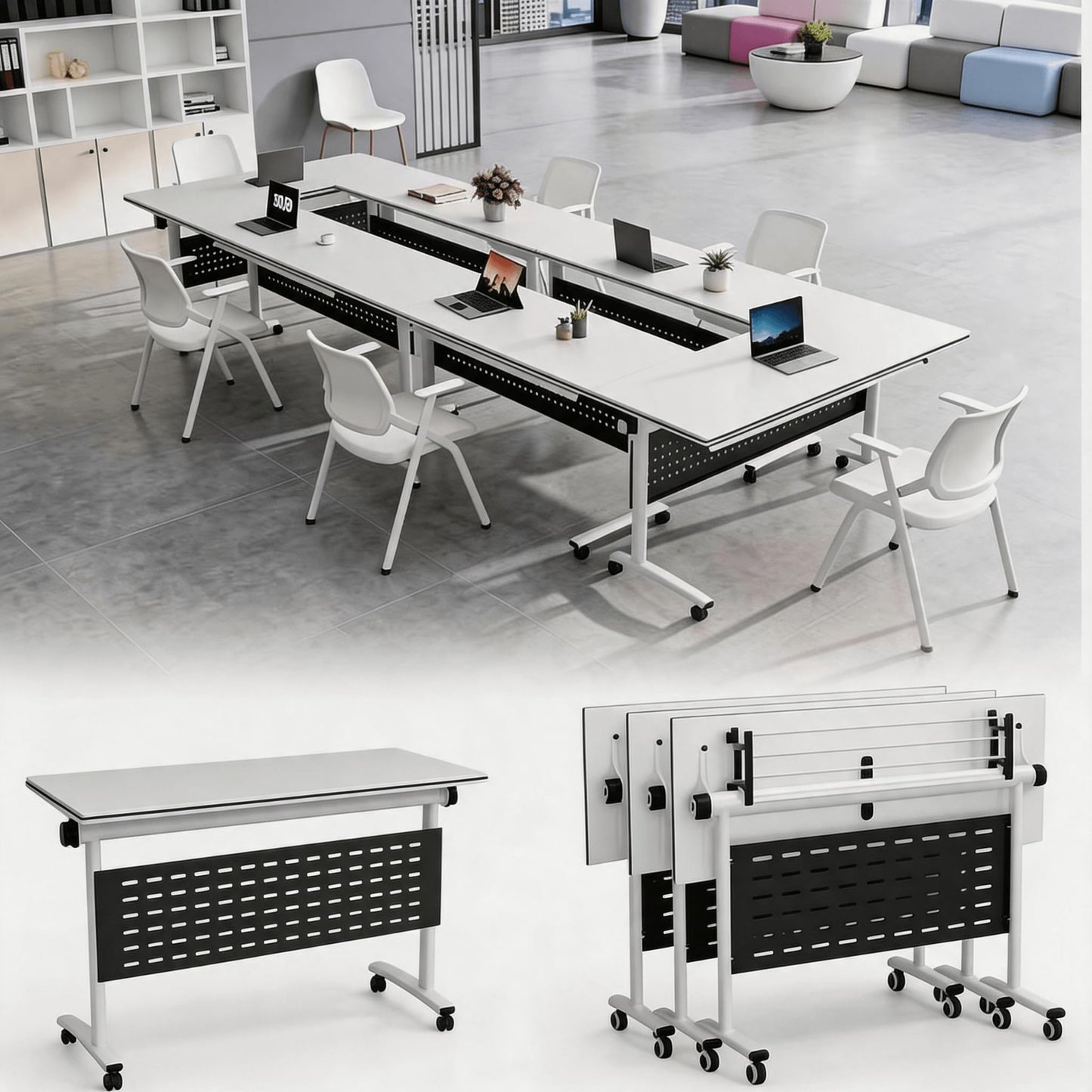 Jyrvonxex Foldable Conference Room Table,Modern Large Mobile Meeting Table with Storage Shelf,Modular Flip-Top Seminar Tables Desk with 360° Silent Wheels for Home Office and Training Classroom,White,