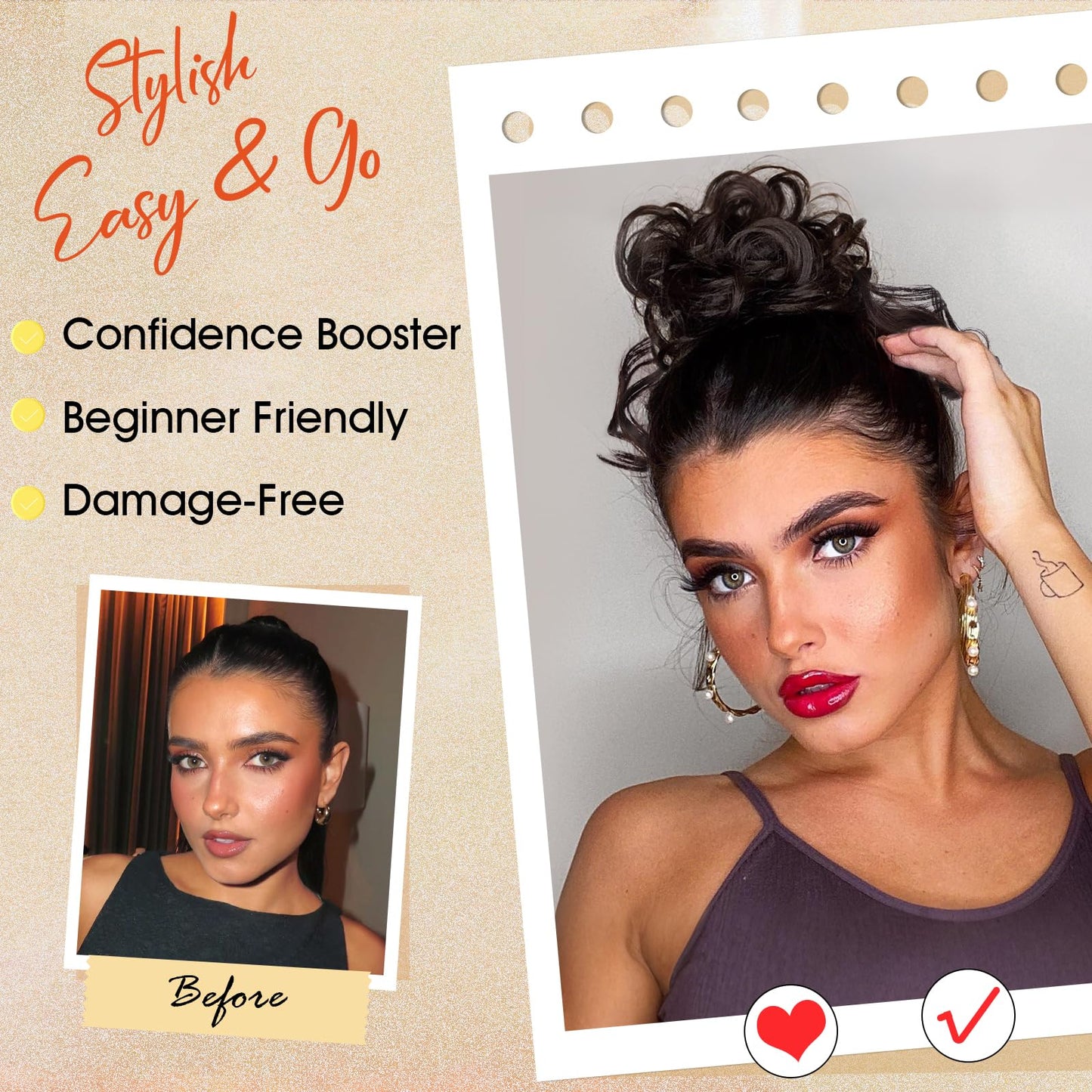RONTAYA 2PCS Messy Bun Hair Piece Wavy Curly Synthetic Updo Chignon Fake Scrunchies Ponytail Extension for Women Dark Brown