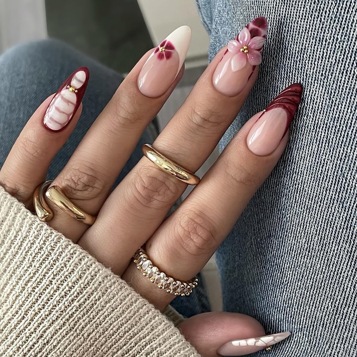 French Tip Almond Press-On Nails - Cat's Eye Acrylic with 3D Charms | 24 Pcs Set