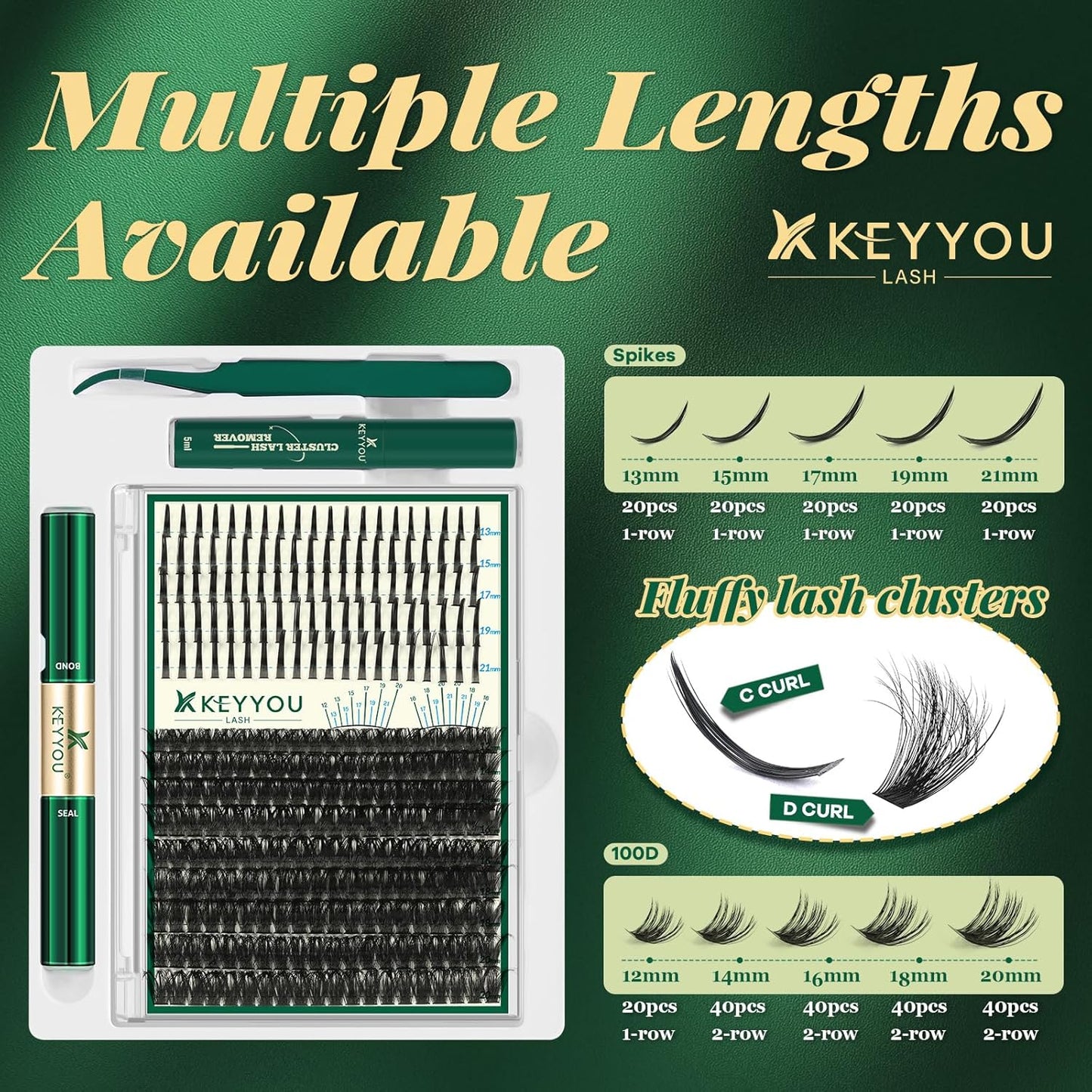 KEYYOU Eyelash Clusters Kit - 280 Pcs 100D Long Volume Lashes | Spiky Extensions 10-18mm Mix