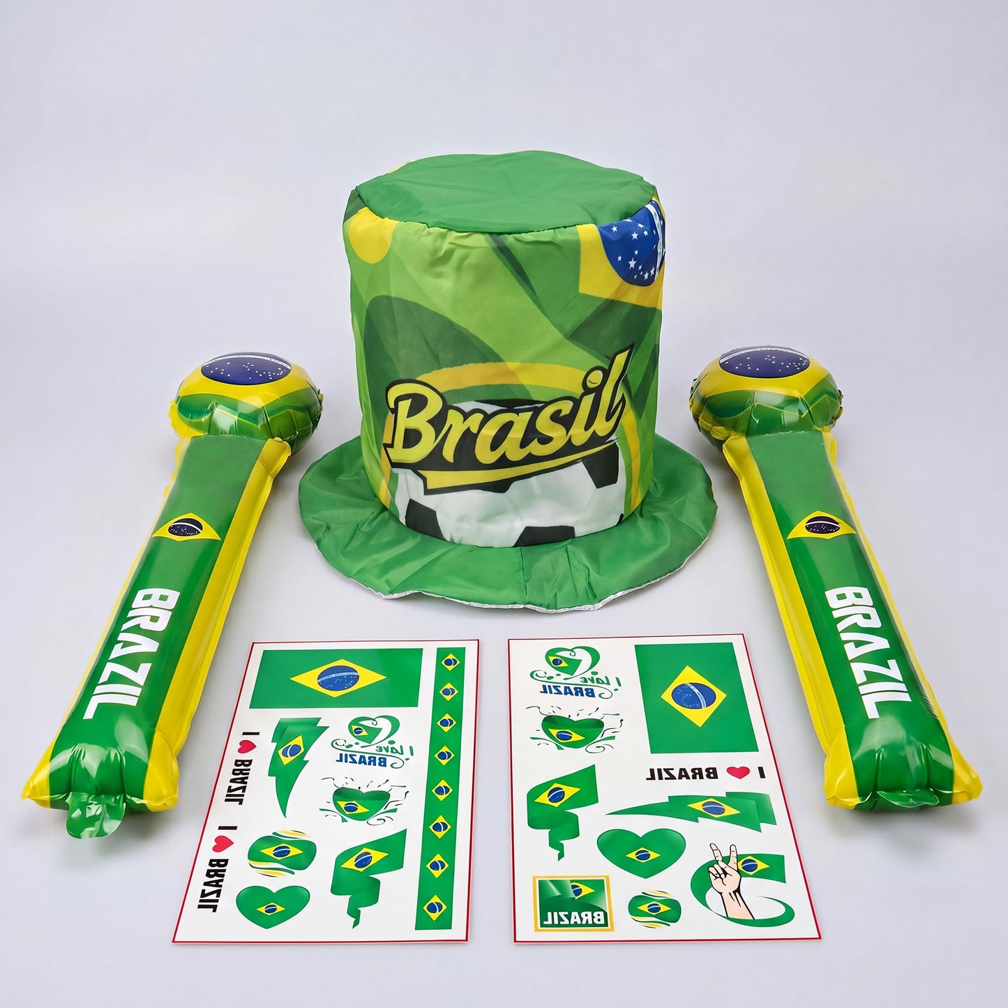 World Cup 2026 Soccer Fan Set 3PCS, Temporary Tattoo Stickers, Cheering hat,2 Cheering Stick, Brazil Football Kit for Match Viewing (Brazil)