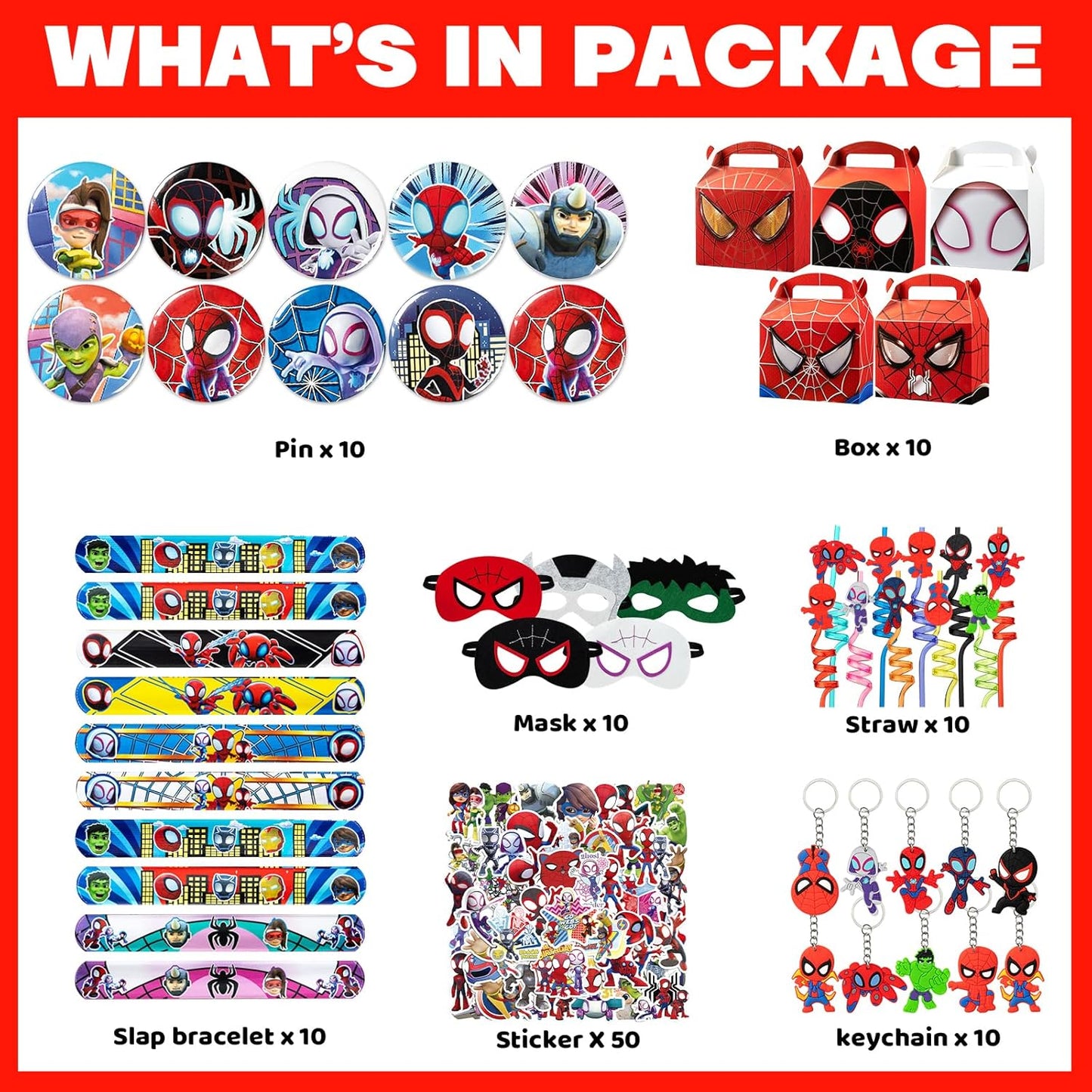 Spidey Party Favors - 110 Pcs Spider-Man Themed Supplies | Straws, Pins, Key Chains, Masks & More
