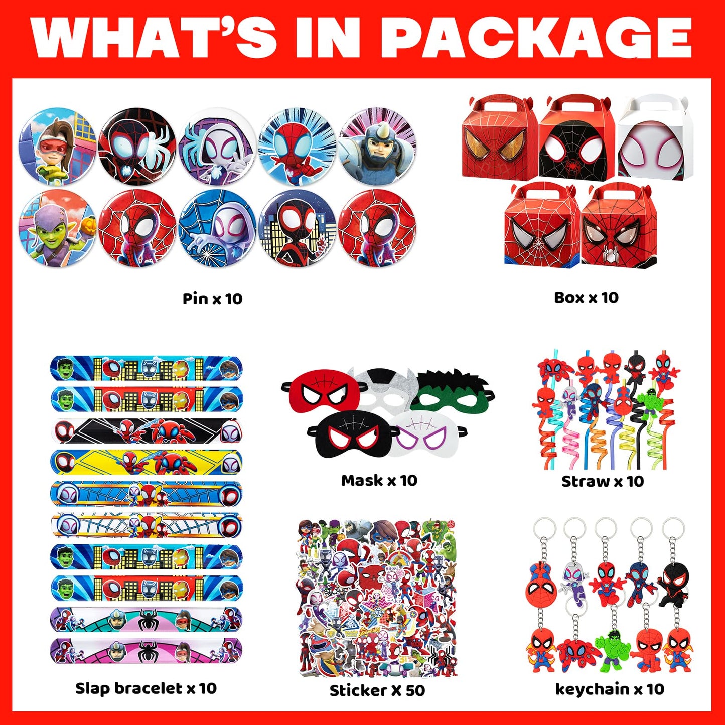 TLTSDWQ Spidey Party Favors,110Pcs Party Supplies,Include 10 Straws,10 Button Pins,10 Key Chains,10 Masks,10 Gift Bags,10 Wrists and 50 Stickers