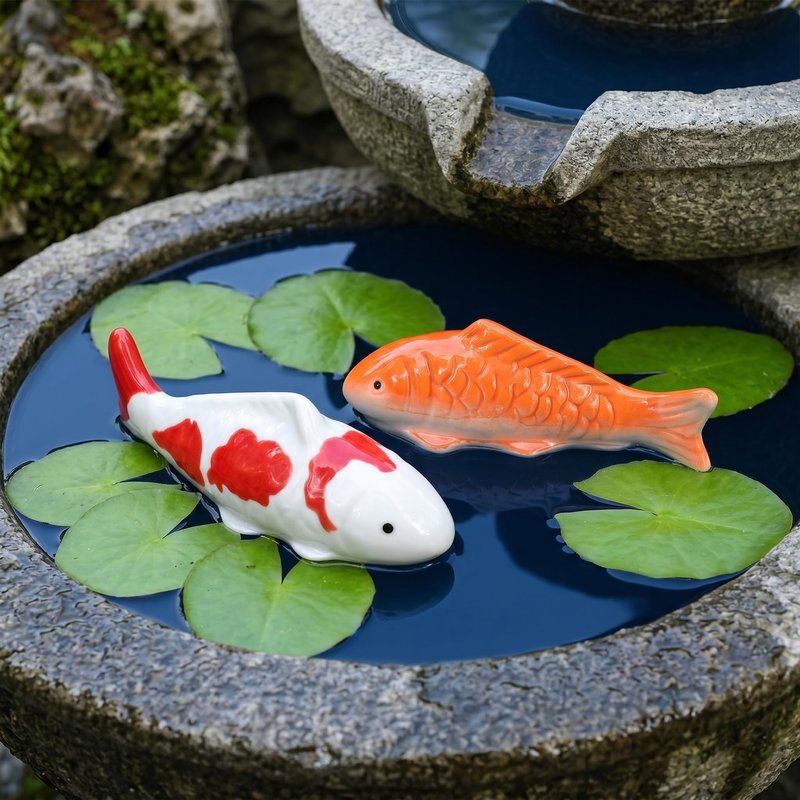 Housoutil Ceramic Floating Koi Fish, 2PCS Ceramic Floating Fake Fish Goldfish Koi Decor Realistic Water Pond Decor for Outdoor Fountain, Bird Bath, Mini Water Garden and Fake Aquarium