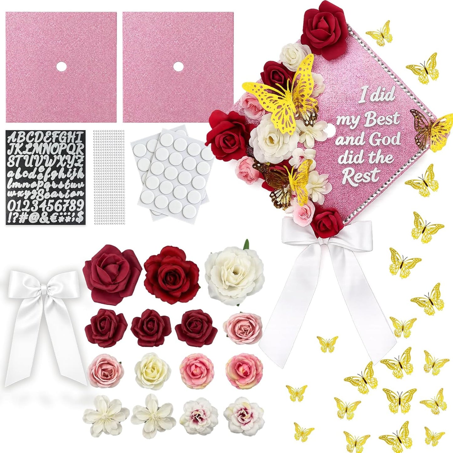 DIY Graduation Cap Decoration Kit - Faux Rose Flower Heads & 3D Butterfly Glitter Stickers | Black Grad Cap Topper