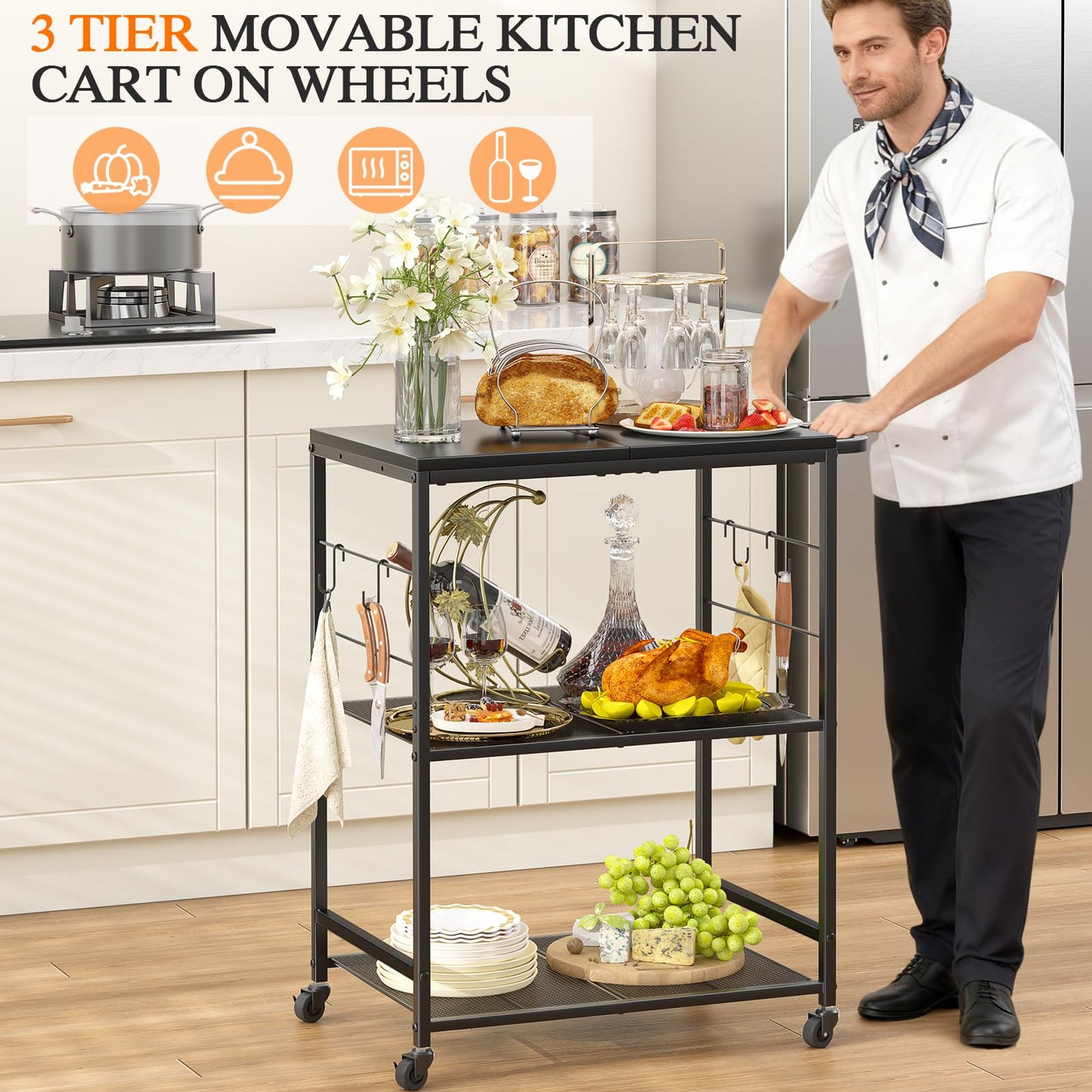 DAOUTIME Grill Cart for Outside, 3-Tier BBQ Food Prep Rolling Table Cart, with 23.62" Lx 15.75" W Rust-Resistant Tabletop, Outdoor Pizza Oven Table Ideal for Patio Backyard Kitchen Tools Room