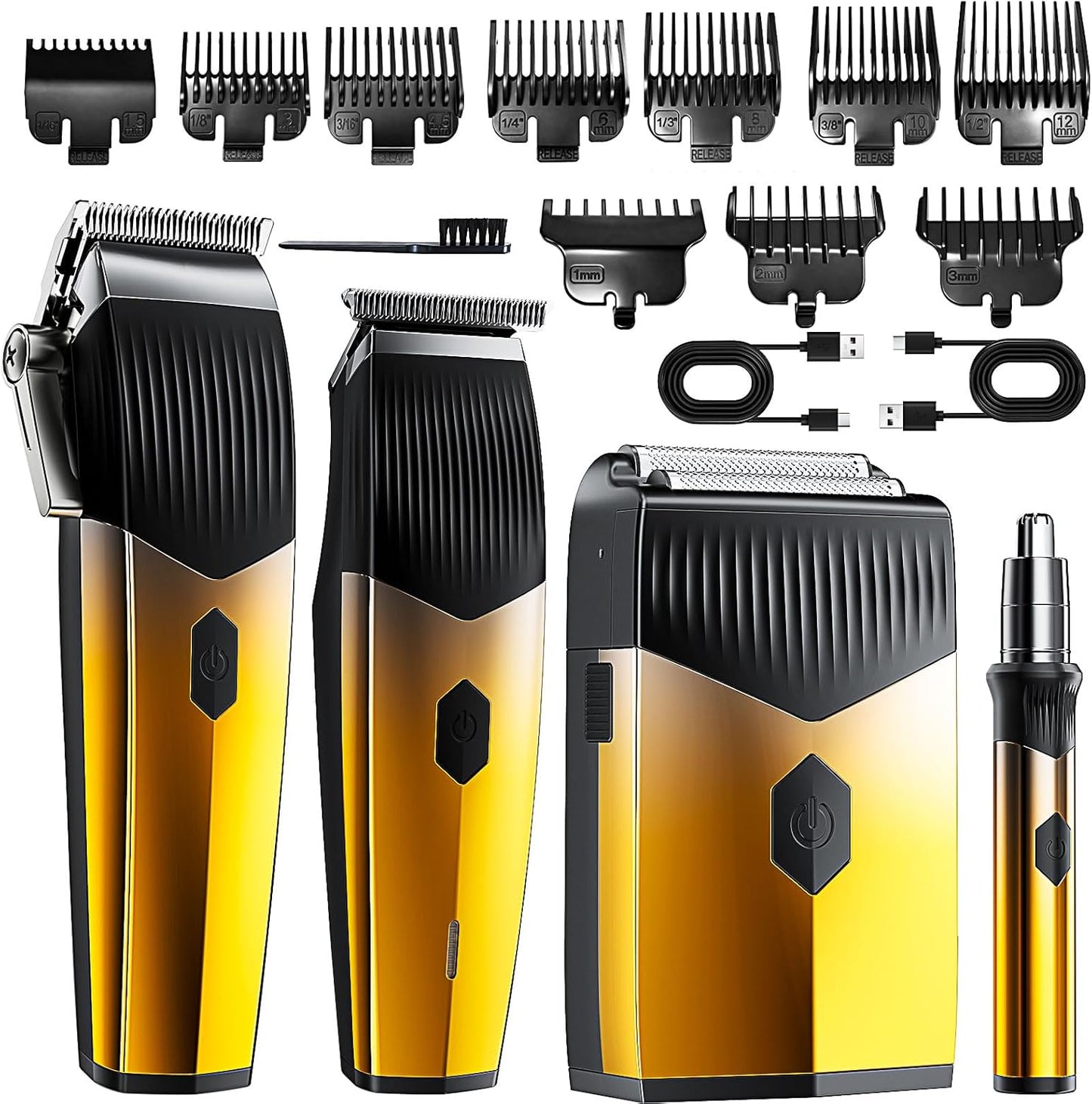 Professional Hair Clippers - 4 in 1 Men's Grooming Kit | Rechargeable Beard Trimmer & Shaver with Metal T-Blade, LED Display, Gold Finish