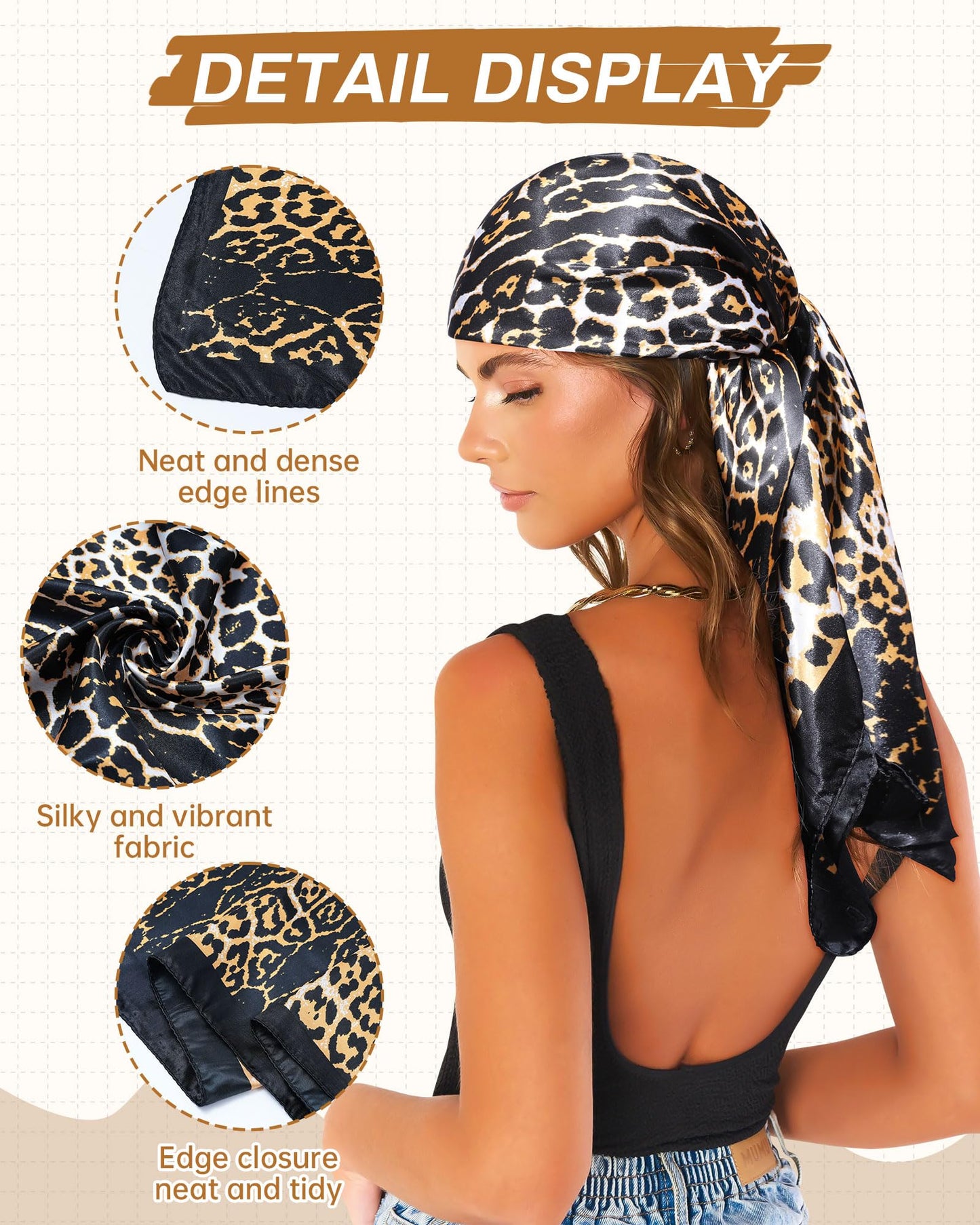 Mesovor 35” Square Head Scarf for Women, 3 Pack Like Silk Satin Headscarf Hair Neck Scarf Top Bandanas for Sleeping (Leopard(Black/Yellow/Coffee))