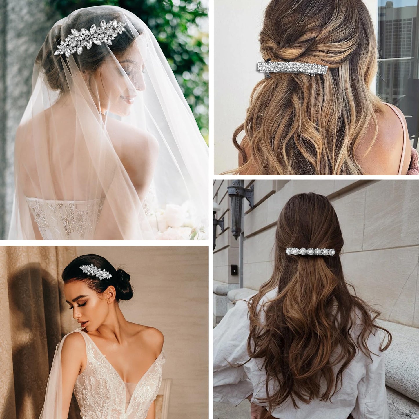 4pcs Rhinestone Hair Barrettes for Women Leaf Wedding Hair Pins Crystal Bobby Pins Silver Bridal Hairpin Clips for Brides Bridesmaids Flower Girls