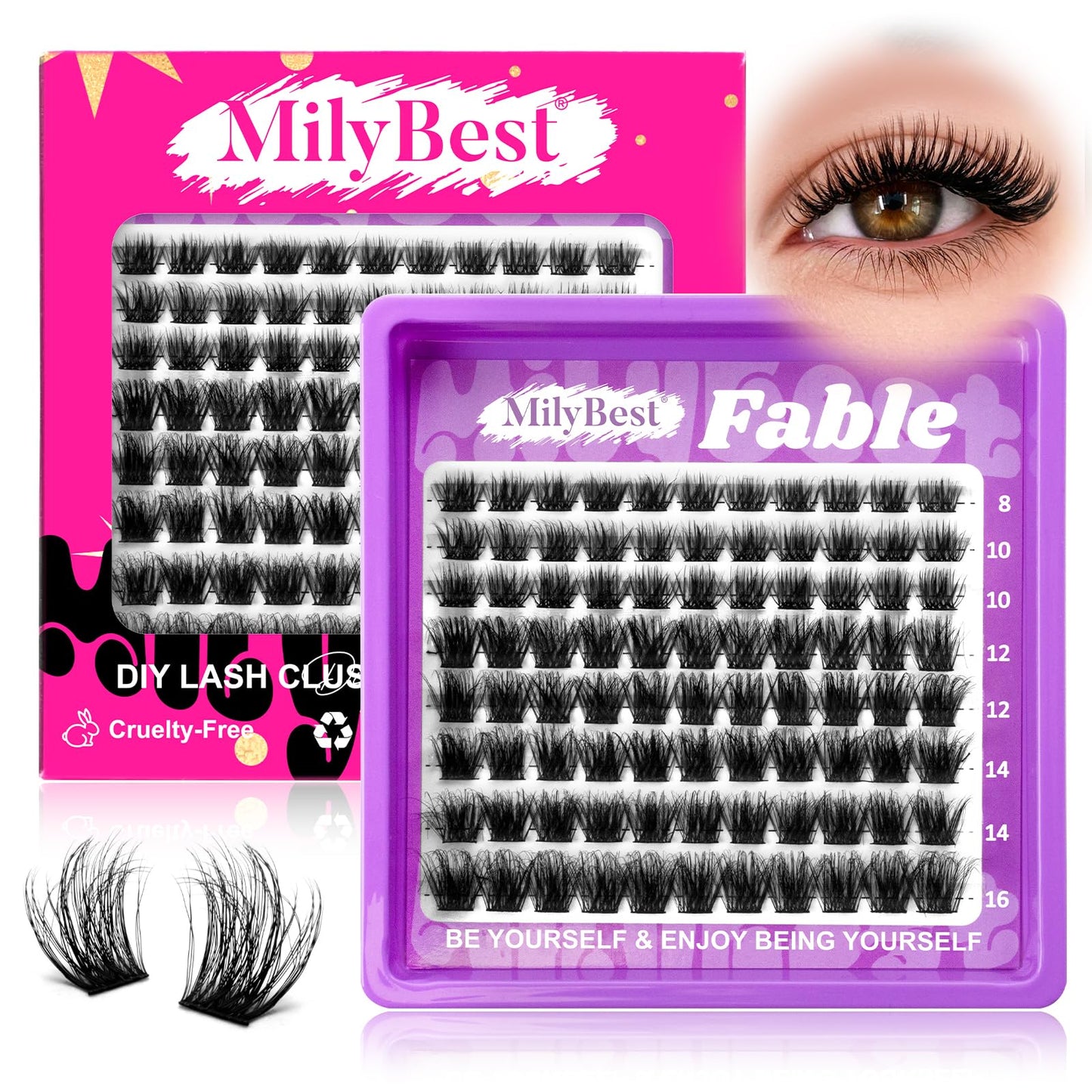 MilyBest Fable Lash Clusters, Fluffy Wispy Cluster Eyelash Extensions, 88pcs DIY Individual Lashes D Curl - Natural Volume to Fairy Glam, 8-16mm Eyelash Clusters