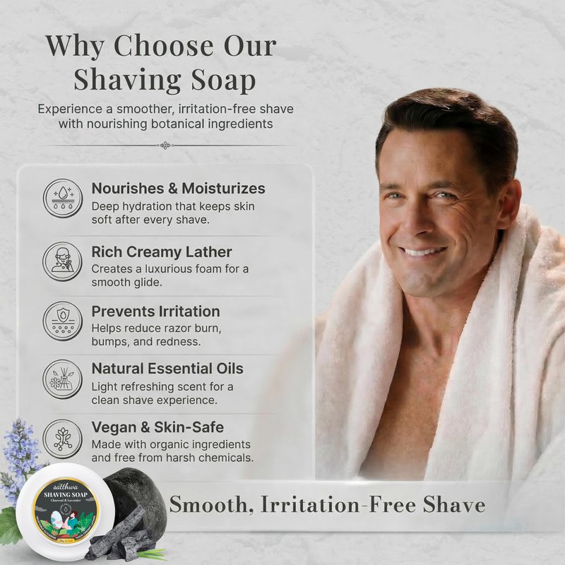 Satthwa Organic Shaving Soap Puck infused with Charcoal & Lavender | Create the Perfect Lather | Excellent for Silky Smooth Shaves | Cleansing & Nourishing, For Men & Women - 50gx2 (1.7oz x2)