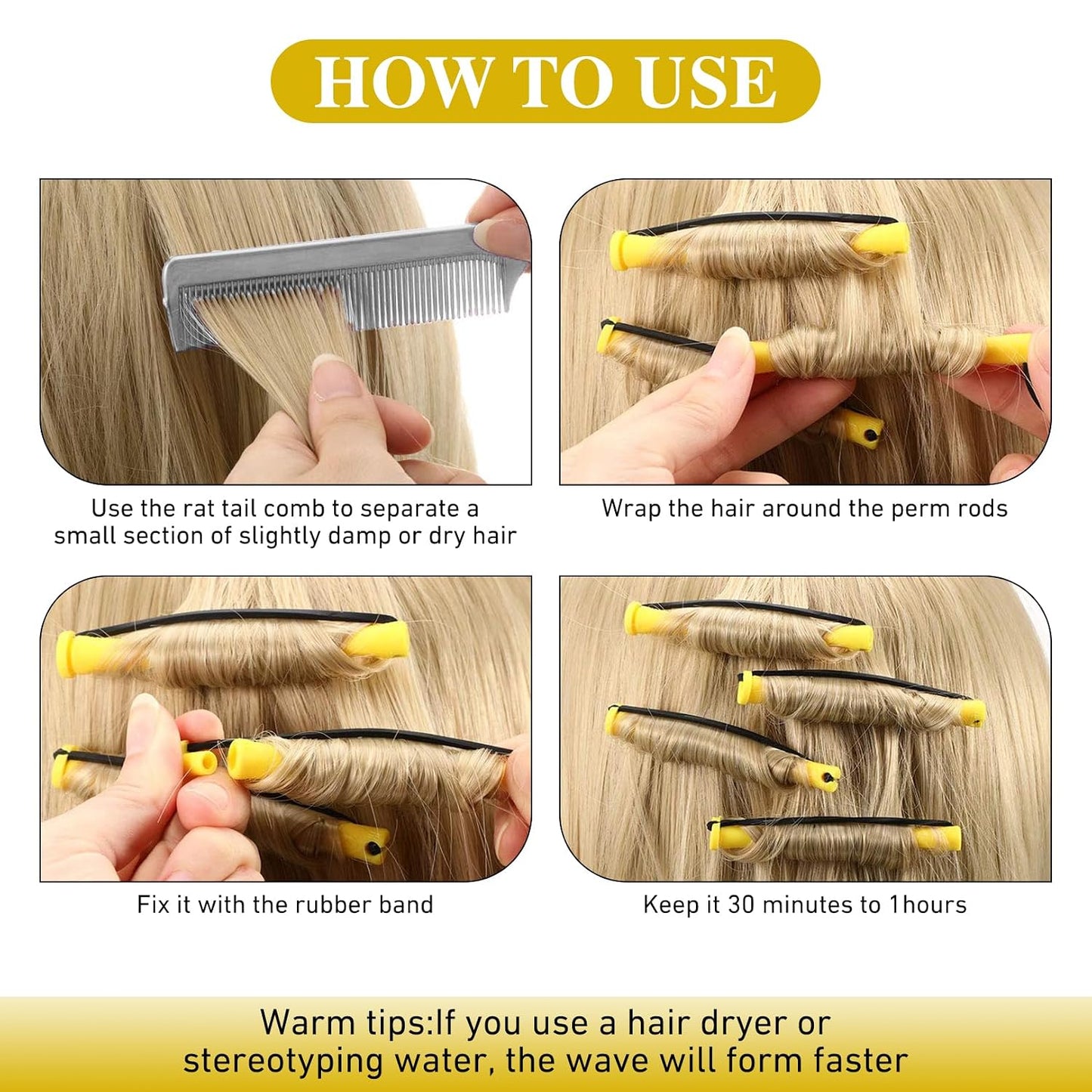 Small Perm Rods for Long Hair - 48 Pcs Heatless Curling Rollers with Rat Tail Combs | Yellow 0.28 x 3.23 Inch