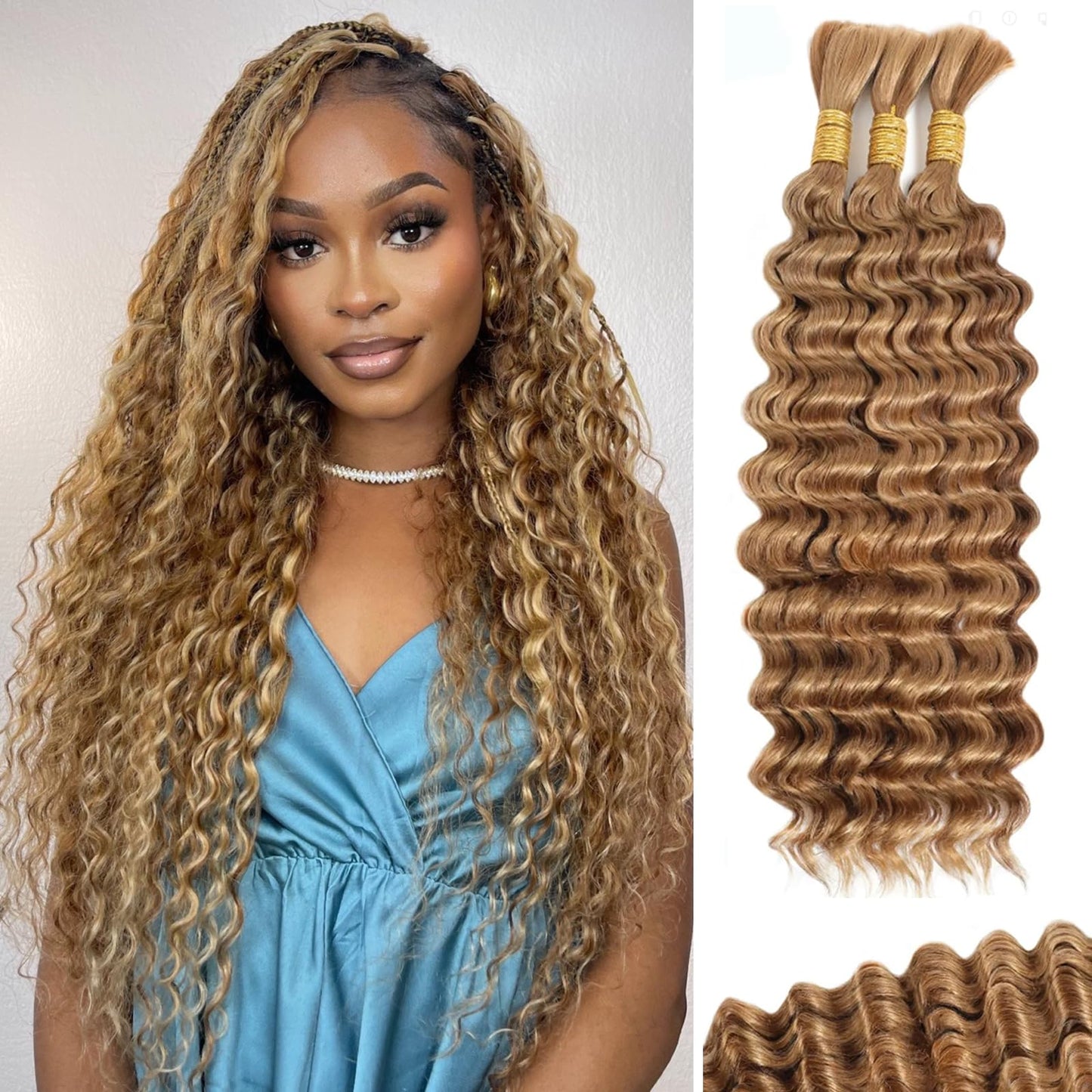 Human Braiding Hair for Boho Braids 18 Inch 110g Deep Wave Bulk Human Hair for Braiding Knotless 12A Curly Wet and Wavy Boho Bohemian Braids No Weft 3 Bundles 4/27 Color (18 Inch-110g)