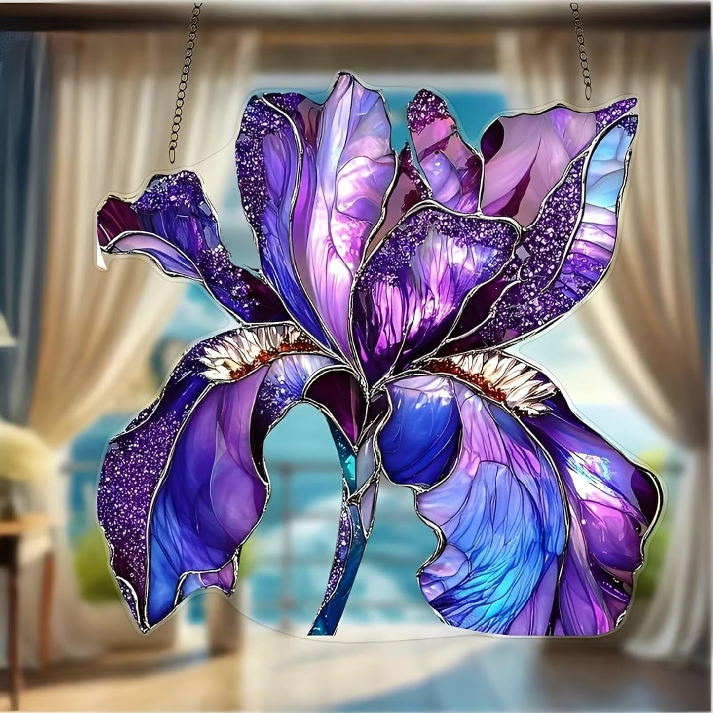 Purple Iris Acrylic Suncatcher - 7.08 Inch Stained Glass Style Window Decor | Rainbow Maker Wall Art & Garden Ornament