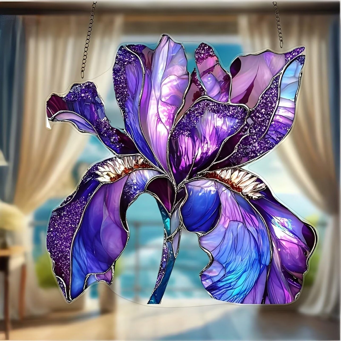 1PC Purple Iris Acrylic Suncatcher Hanging, 7.08 inch Window Decor with Printed Stained Glass Style Design, Rainbow Maker Wall Art, Gift Idea & Garden Ornament Indoor Outdoor Use/ZW-01