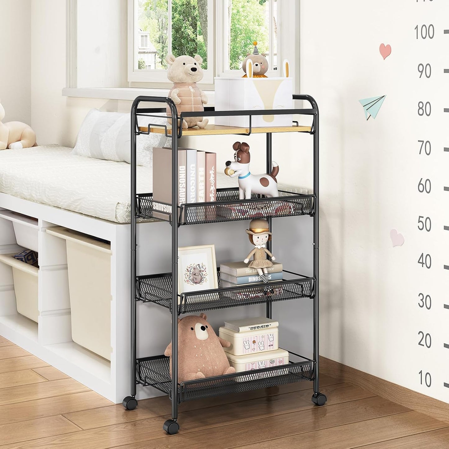 4-Tier Rolling Utility Cart - Metal Storage Trolley with Wooden Tabletop & Mesh Baskets | Easy Assembly for Kitchen, Bathroom, Laundry Room, Bedroom