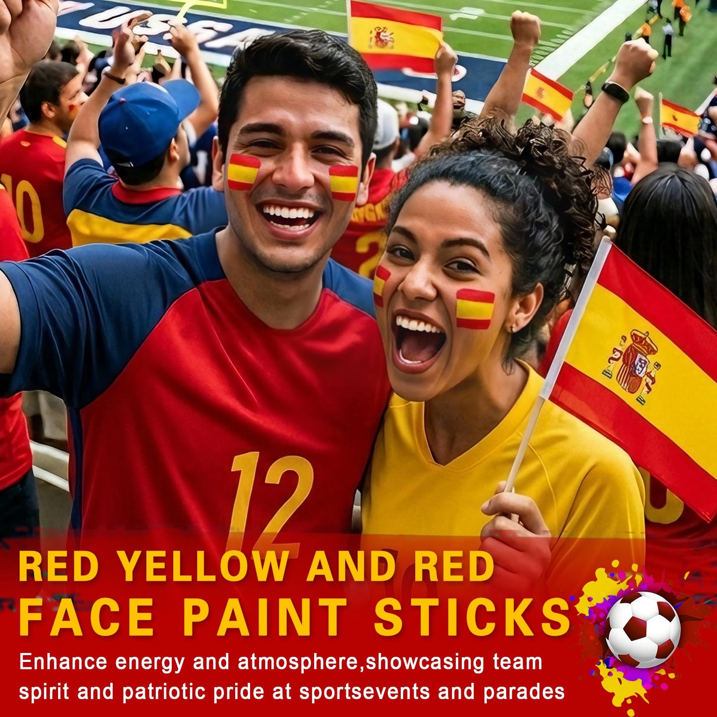 LZXLUKGIR Red Yellow and Red Face Paint Stick,3 in 1 Colors Spain Face Body Paint Sticks for Soccer,Football,Softball,Baseball,High Pigment & Waterproof Eye Black Stick Makeup （03 Spain）