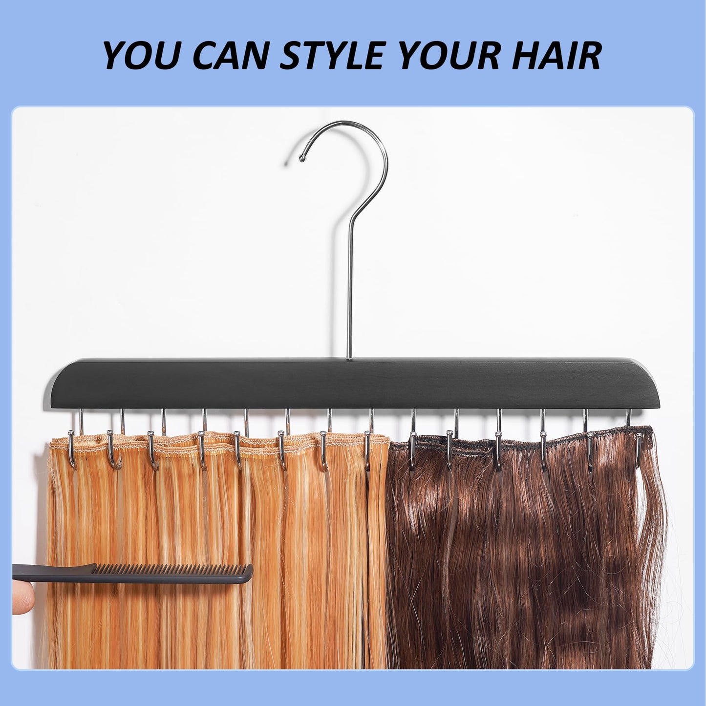1 Pack Hair Extension Hanger with Clear Dustproof Bag, 14 Hooks Weft Organizer, Tangle-Free Storage Rack for Styling, Washing, Drying (23.6x17.7inch)