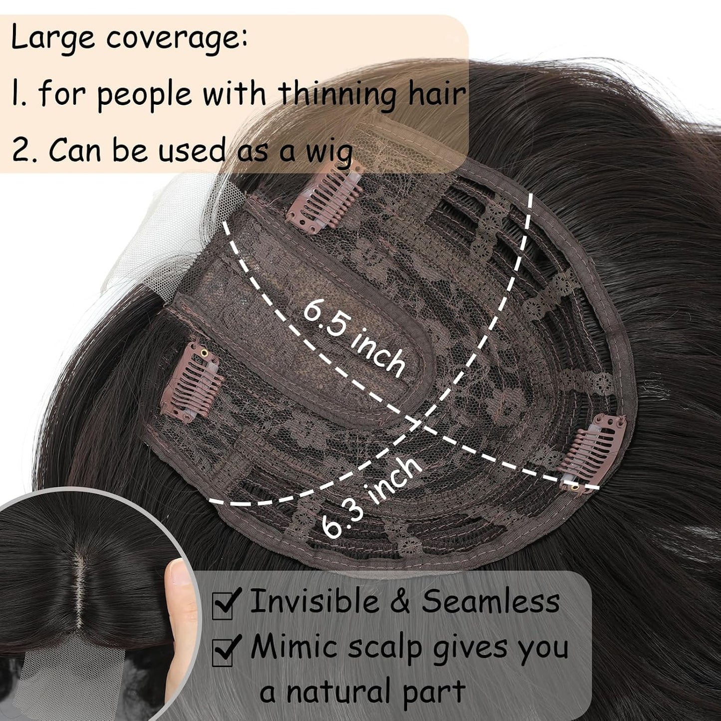 Hair Topper for Women - 16 Inch Synthetic Curly Wavy Clip-In with Curtain Bangs | Natural Looking Dark Brown Volume Piece