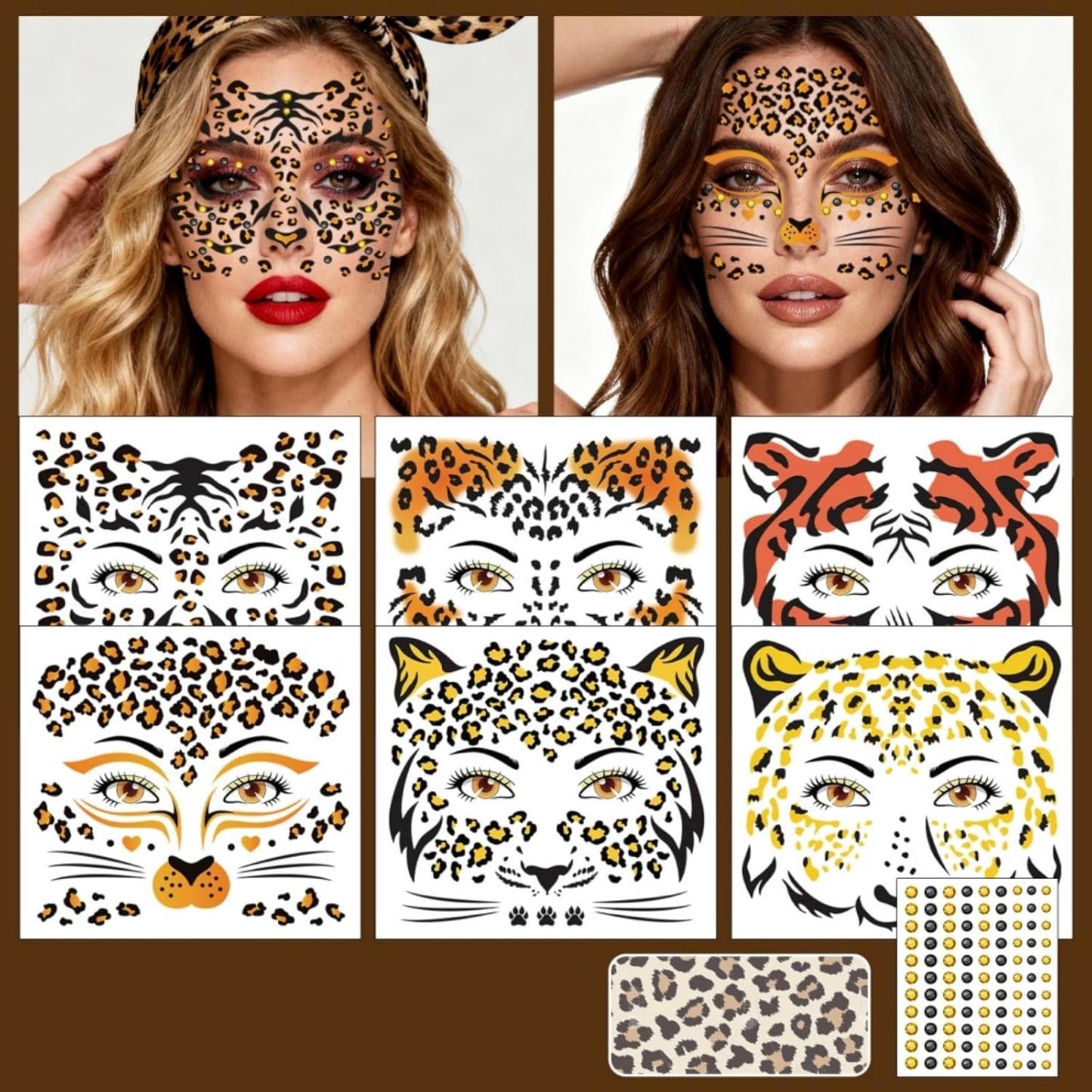 Leopard Print Temporary Tattoos - Realistic Animal Face Stickers | Waterproof Body Art, 6 Sheets
